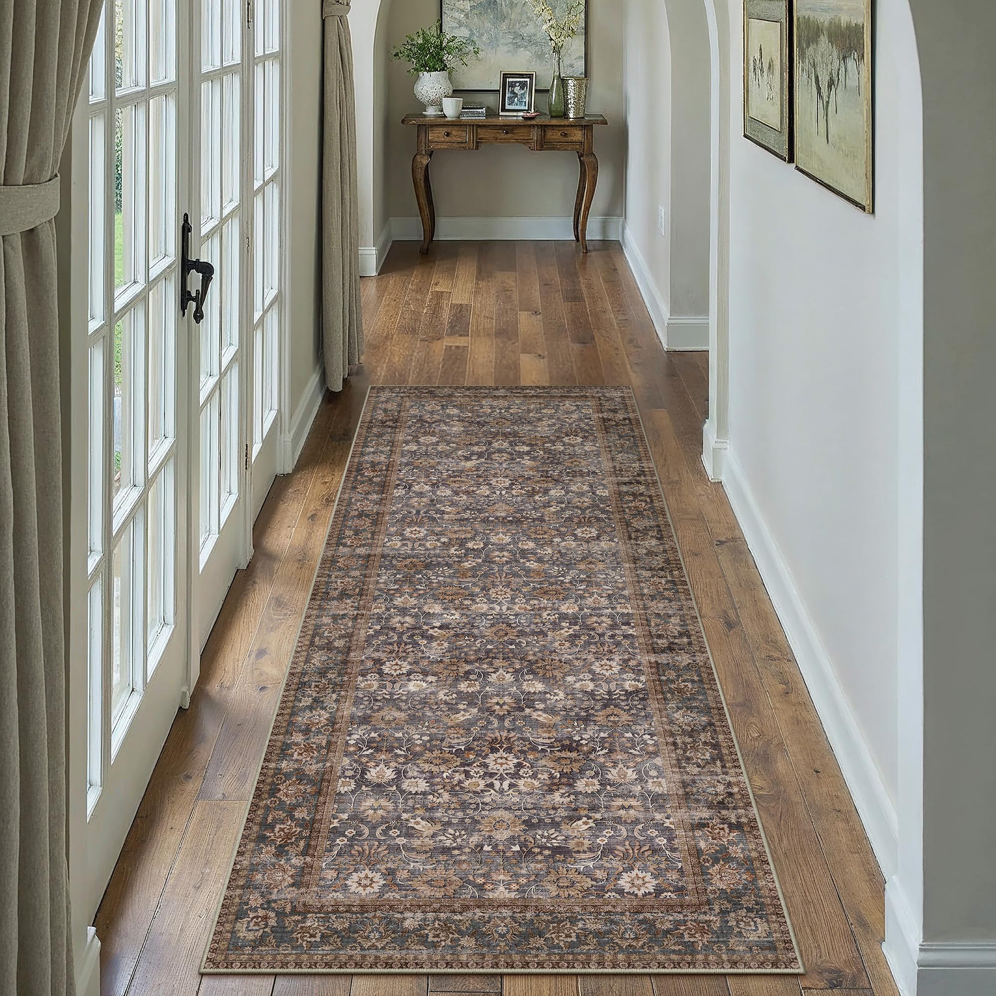 PureCozy Runner Rugs for Hallway, Washable Kitchen Entryway Low Pile Soft Vintage Area Rugs for Bedroom Living Room Office, Non Slip Floor Accent Carpet for Home Deocor, 60x180 cm, Brown & Blue — image 1