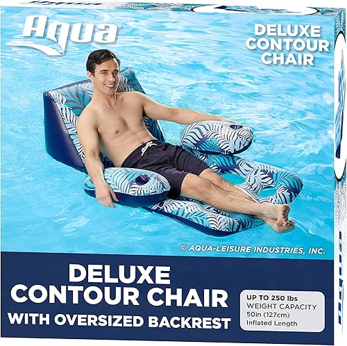Aqua Deluxe Silla de piscina con contorno, tela de lujo,piscina para sentarse al sol, flotador para adultos, alta resistencia, helechos azulblanco.