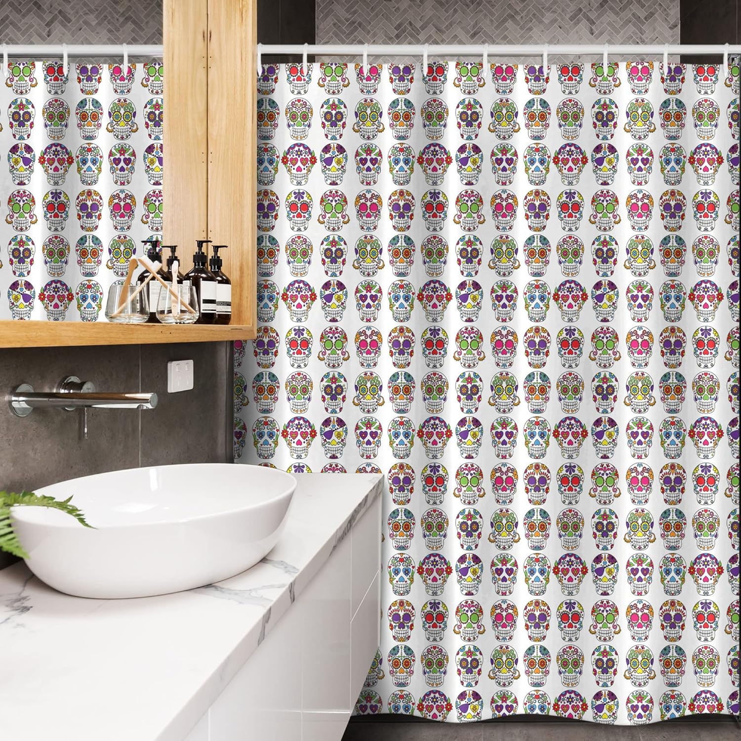 Ambesonne Skull Pattern Stall Shower Curtain, Colorful and Fun Themed Ornamental Skulls with Flowers Pattern Gothic Joy, Fabric Bathroom Decor Set with Hooks, 54" W x 78", Multicolor