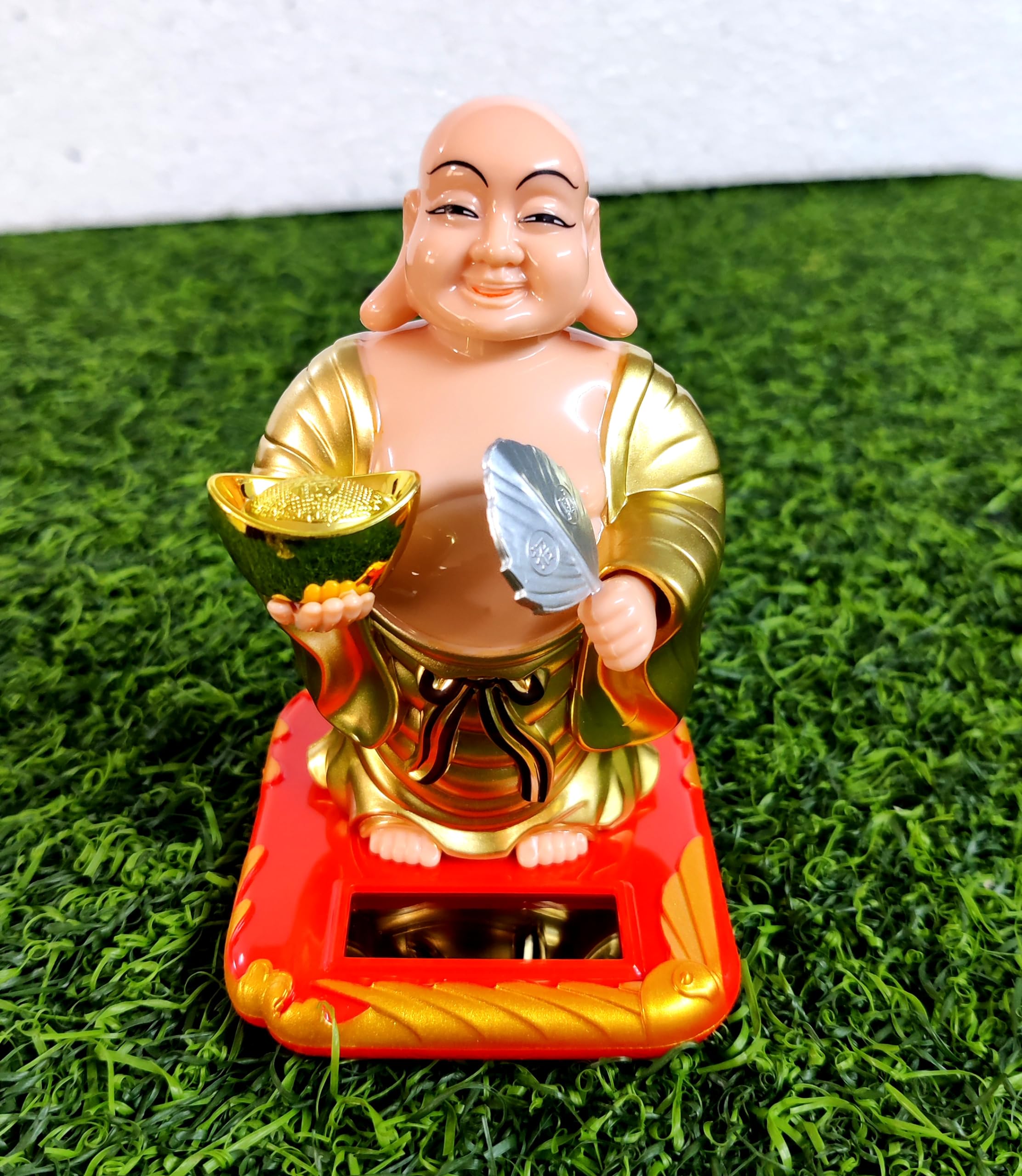 Fabulous Finds Solar Laughing Buddha with Head & Fan for Health Wealth & Prosperity Gift Decorative Showpiece - 10 cm (Plastic, Multicolor).