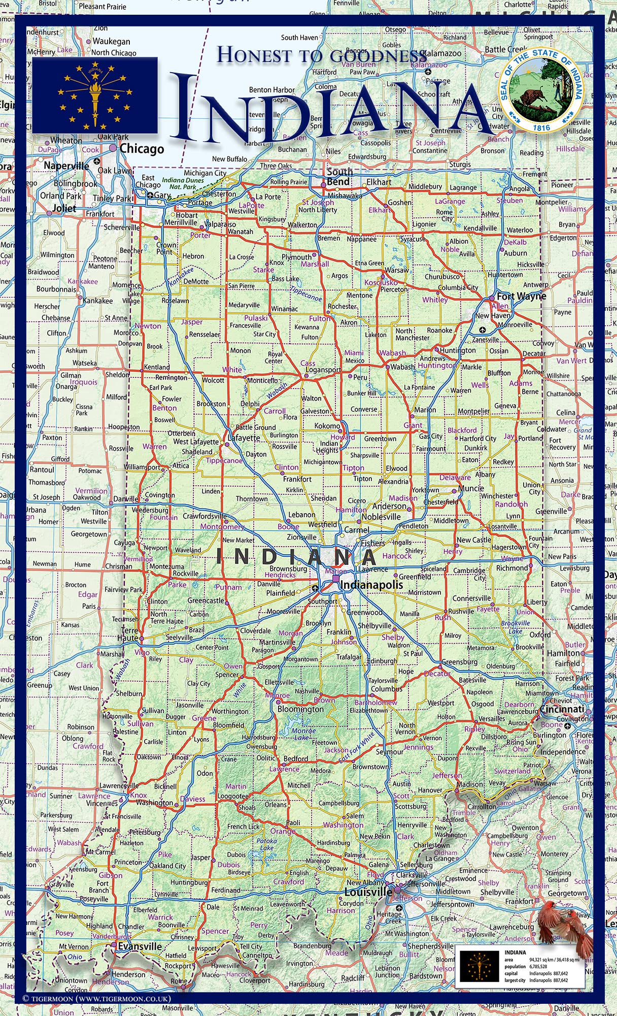 Indiana State Physical Map - 14.2 x 23.3 Inches - Paper Laminated