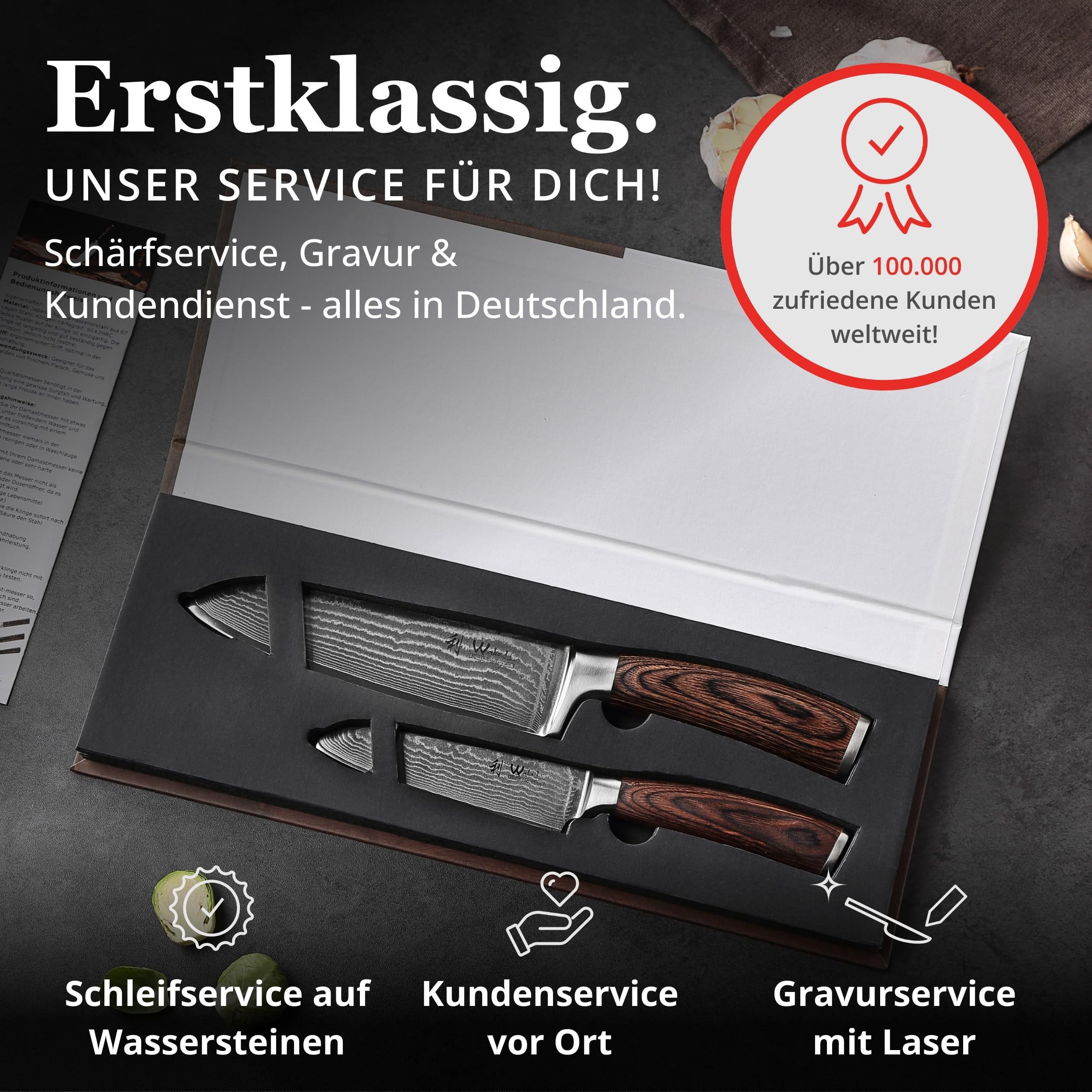 Wakoli EDIB 2-teiliges Küchenmesser Set aus echtem Damaststahl (VG10 Kern) in edler Geschenkbox – mit 2x Santoku Messer – Scharfe Damastmesser im Damastmesser Set mit ergonomischen Pakkaholzgriffen