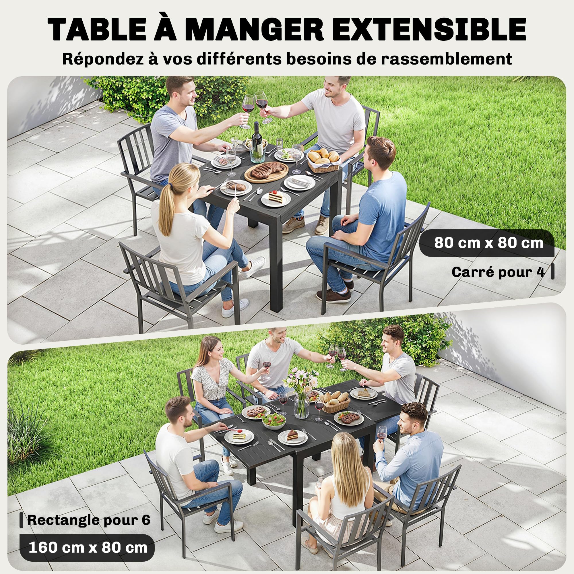 Outsunny Table de Jardin Extensible 80-160 cm en Aluminium avec Plateau à Lattes - Table Extérieur pour 4-6 Personnes avec Rallonge Auto-Stockée - Mobilier de Jardin pour Terrasse Balcon, Noir