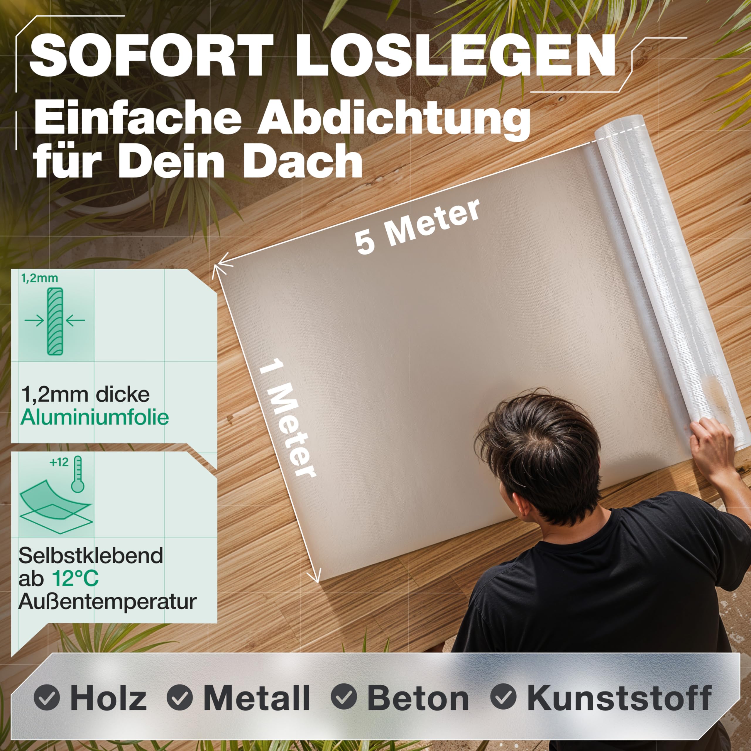 SMABIX® Dachfolie Aluminium 5x1m, selbstklebend mit starkem Bitumenkleber [EINFACHE ANWENDUNG], alternativ zu Dachpappe & EPDM-Folie, ideal für Gartenhäuser, Garagendächer und Schuppen