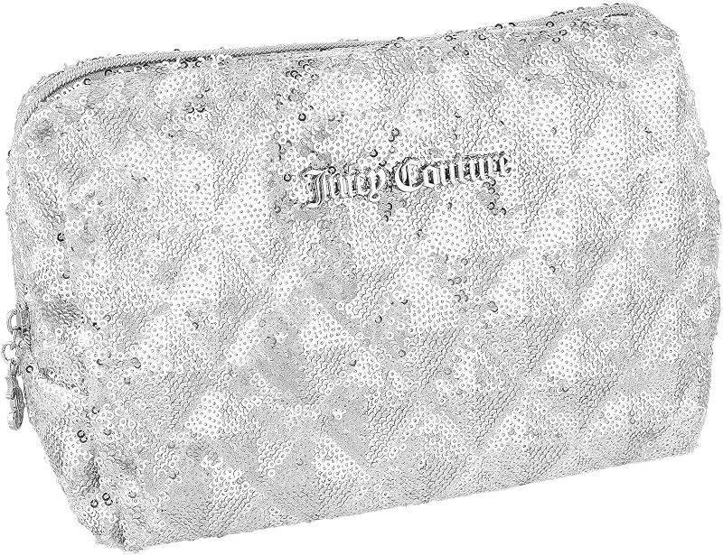 Juicy Couture Silver Makeup Bag Cosmetics Organizer, Sparkle Sequin