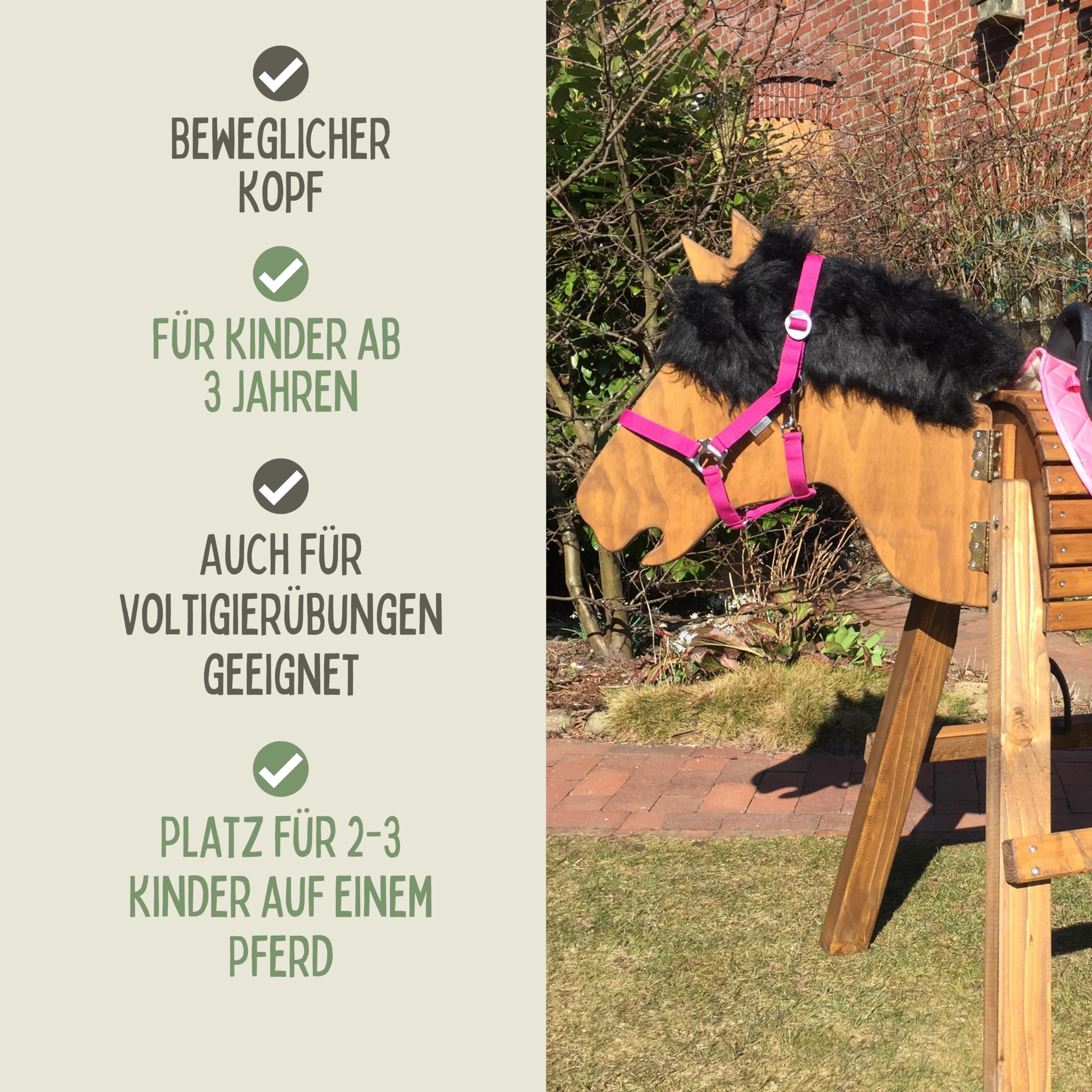 Bausatz 100cm für draußen Reitpferd Garten Voltigierbock für Kinder, Stehpferd groß, Gartenpferd handgefertigt aus Deutschland, Voltigierpferd Holzpony mit Mähne
