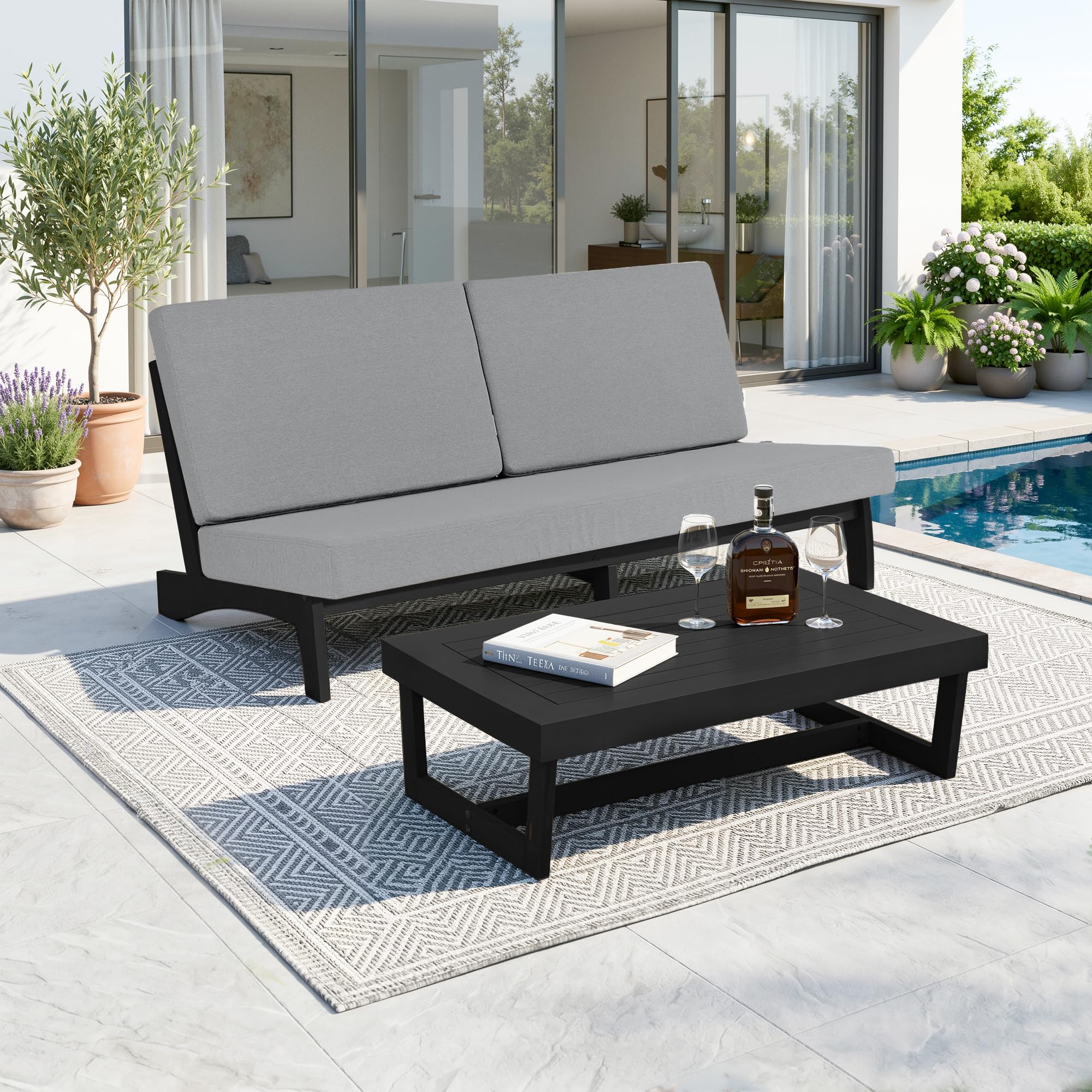 Pia Ricoo 2-Piece Patio Furniture Set, Outdoor Wood Sofa with Coffee Table, 4.5-Inch Thick Cushions, All-Weather Conversation Set for Backyard, Deck, Lawn - Gray/Drak