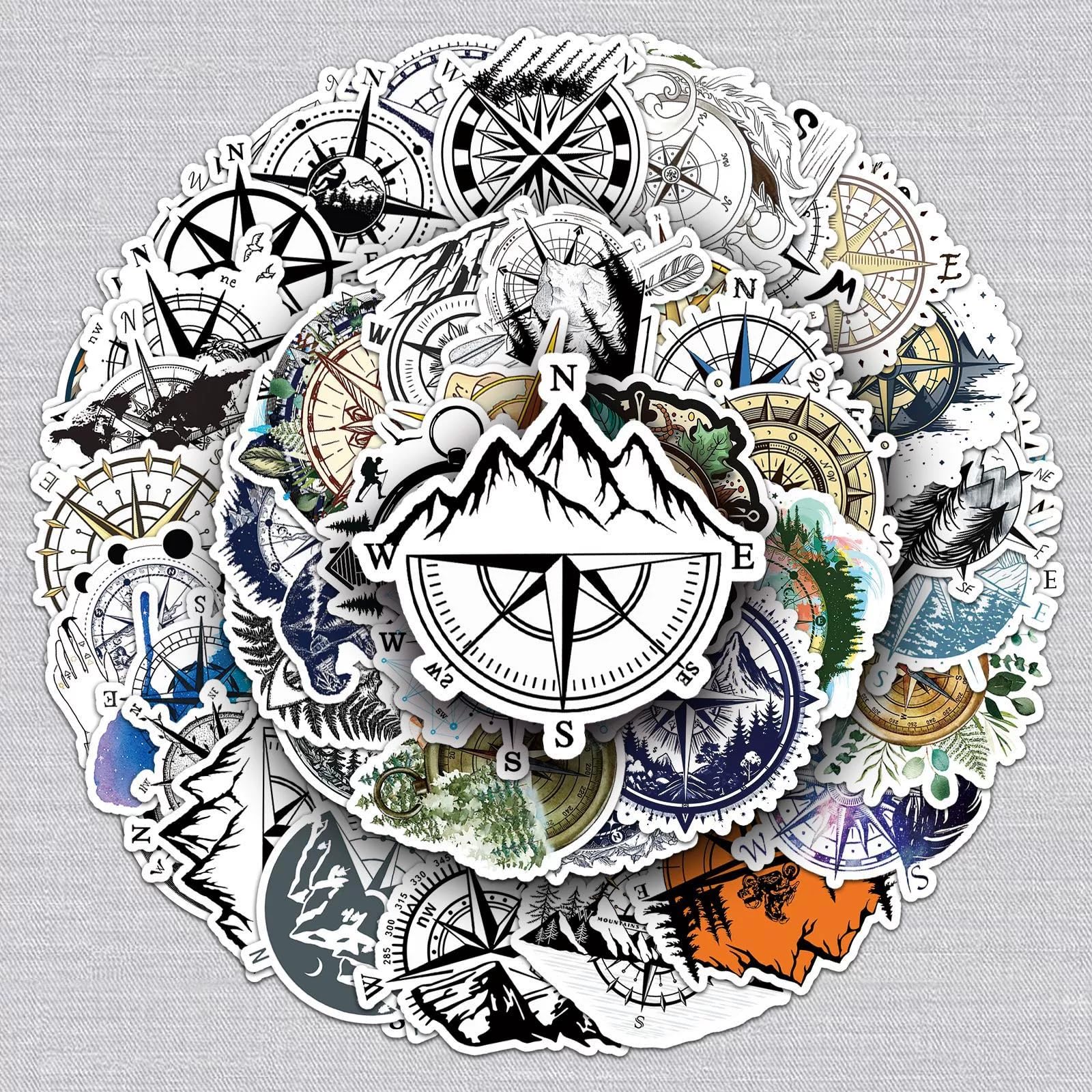Kompass Aufkleber für Jugendliche Erwachsene 50 Stück Kompassrose Vinyl Sticker Set Auto Motorräder Fahrrad Skateboard Snowboard Gepäck Laptop Koffer Helm Motorrad Computer