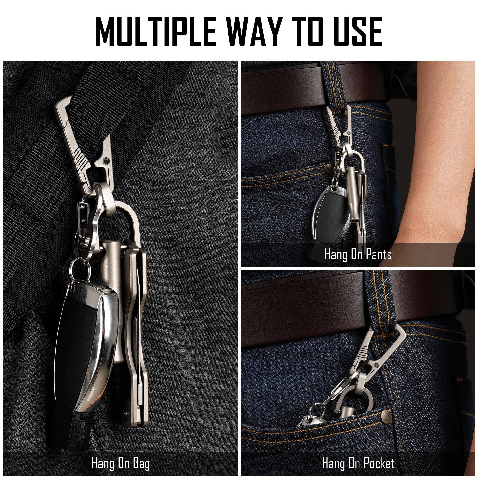 KeyUnity Portachiavi a moschettone EDC in titanio con anello a D, portachiavi a moschettone a sgancio rapido per uomo