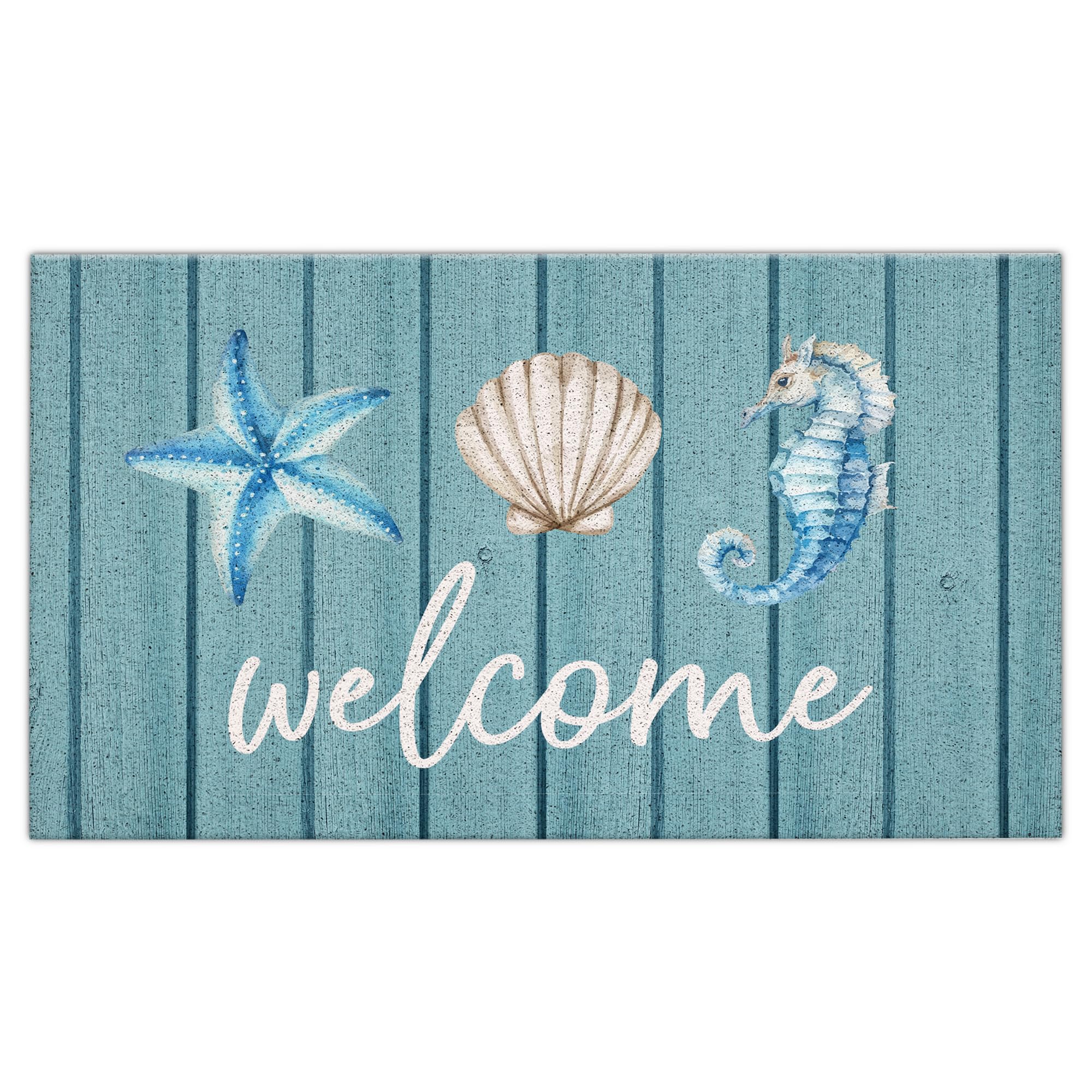 Jvpke Beach Welcome Mat for Front Door, Blue Beach Door Mat, Starfish Seashell Seahorse Beachy Door Mats Indoor Outdoor Entrance Porch, Ocean Beachy