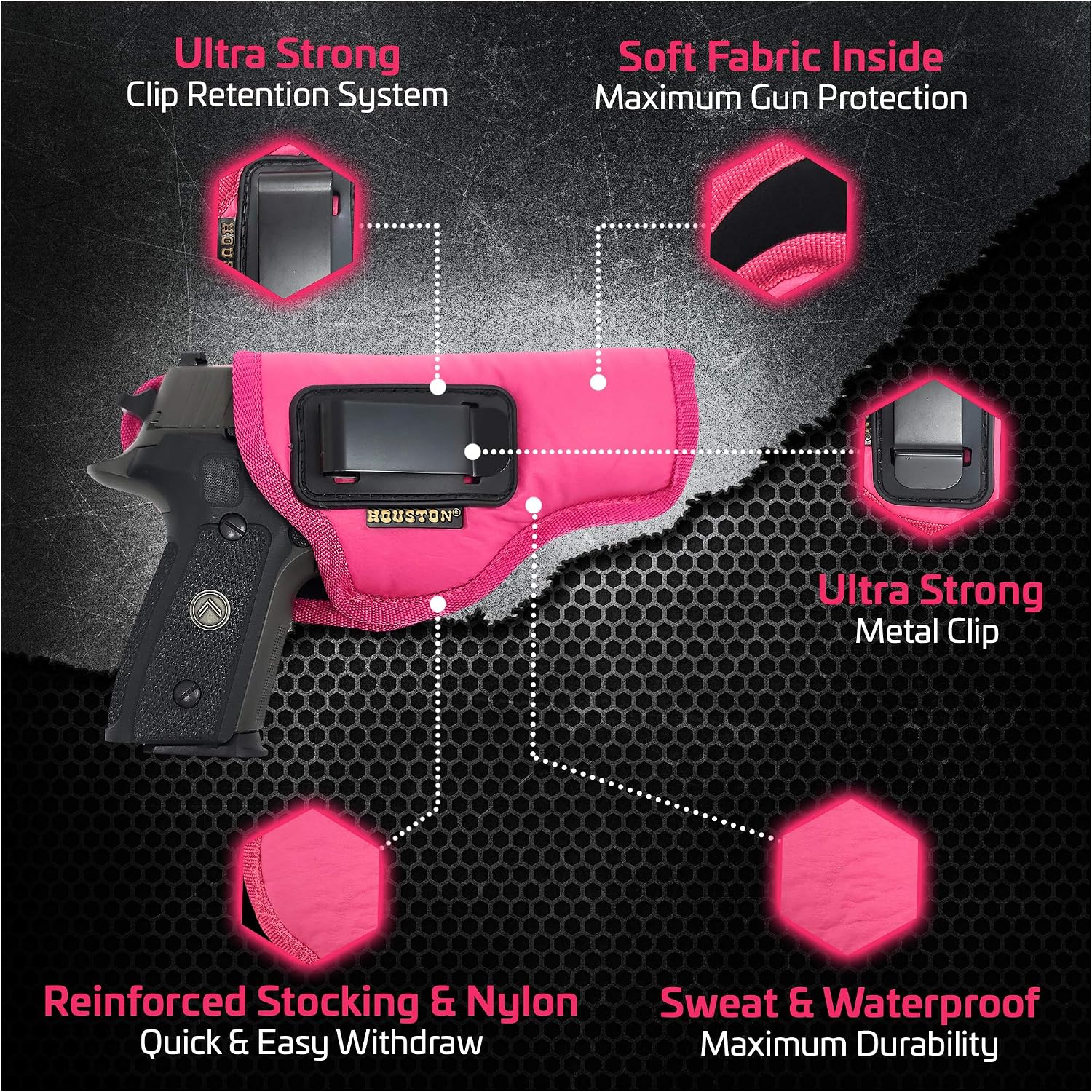Houston Gun Holsters IWB Gun Holster by Houston - Pink ECO Leather Concealed Carry Soft Material FITS Glock 1721 H &K Beretta 92 FS XDM Ruger 45 BERSA PRO PX4 FNX 45 FNH 45 HI Point 94045 MM Right