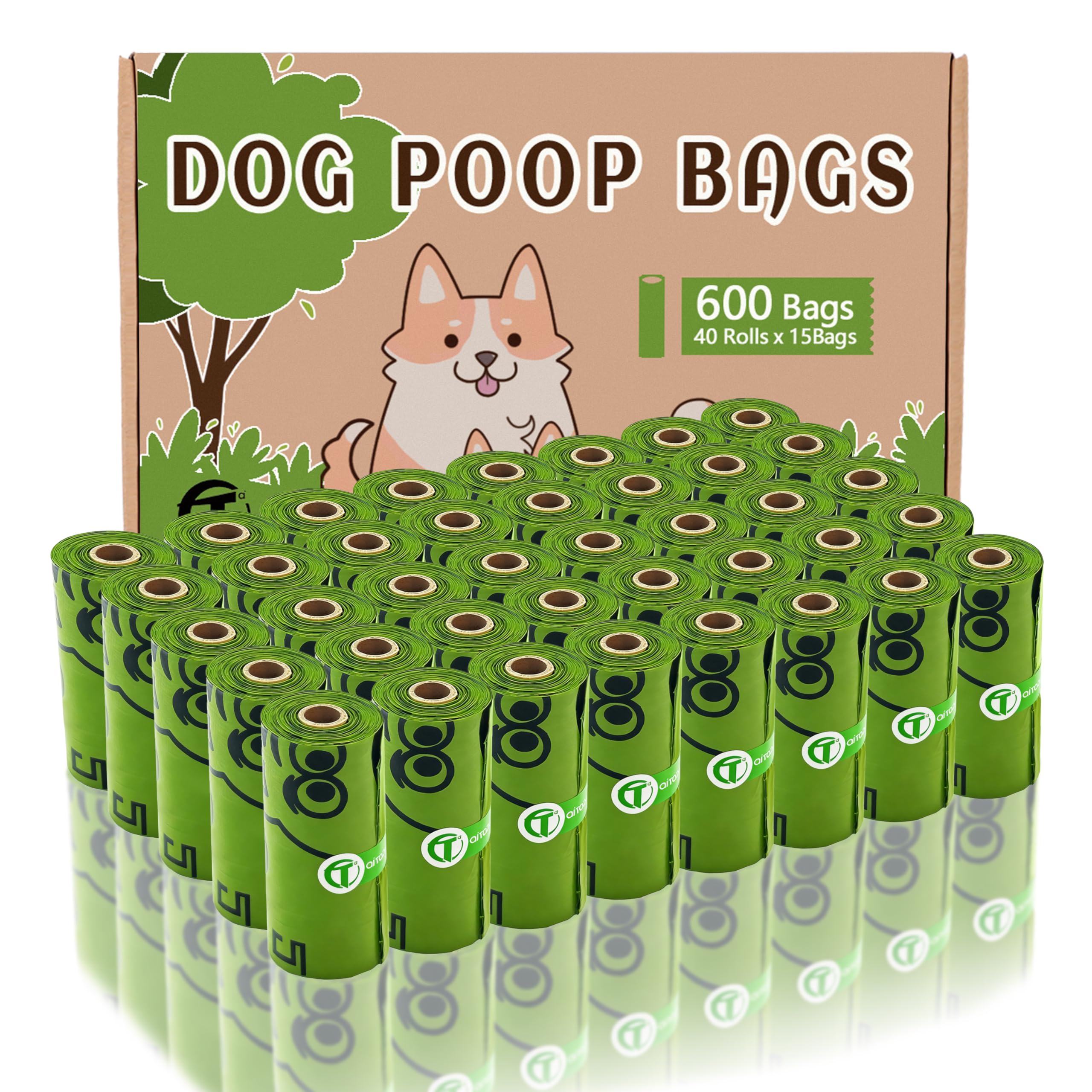 AiTodos® 600PCS Sacchetti Cacca Cane Biodegradabili, Amido di Mais+Materiale in Polietilene, Sacchetti per Cacca Semi-Biodegradabili - 31 x 23 cm - Verde (40 Rotoli, 15 Confezioni Ciascuno)