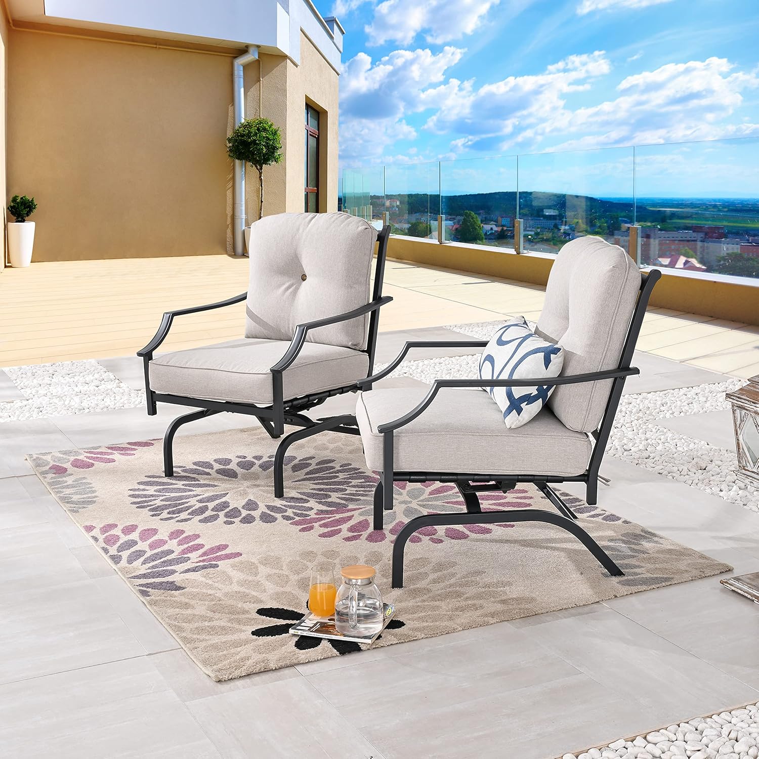 LOKATSE HOME 2 Pieces Outdoor Conversation Furniture Patio Bistro Armchair Set Metal Single Dining Chairs with Cushion, Beige, 2 Chairs