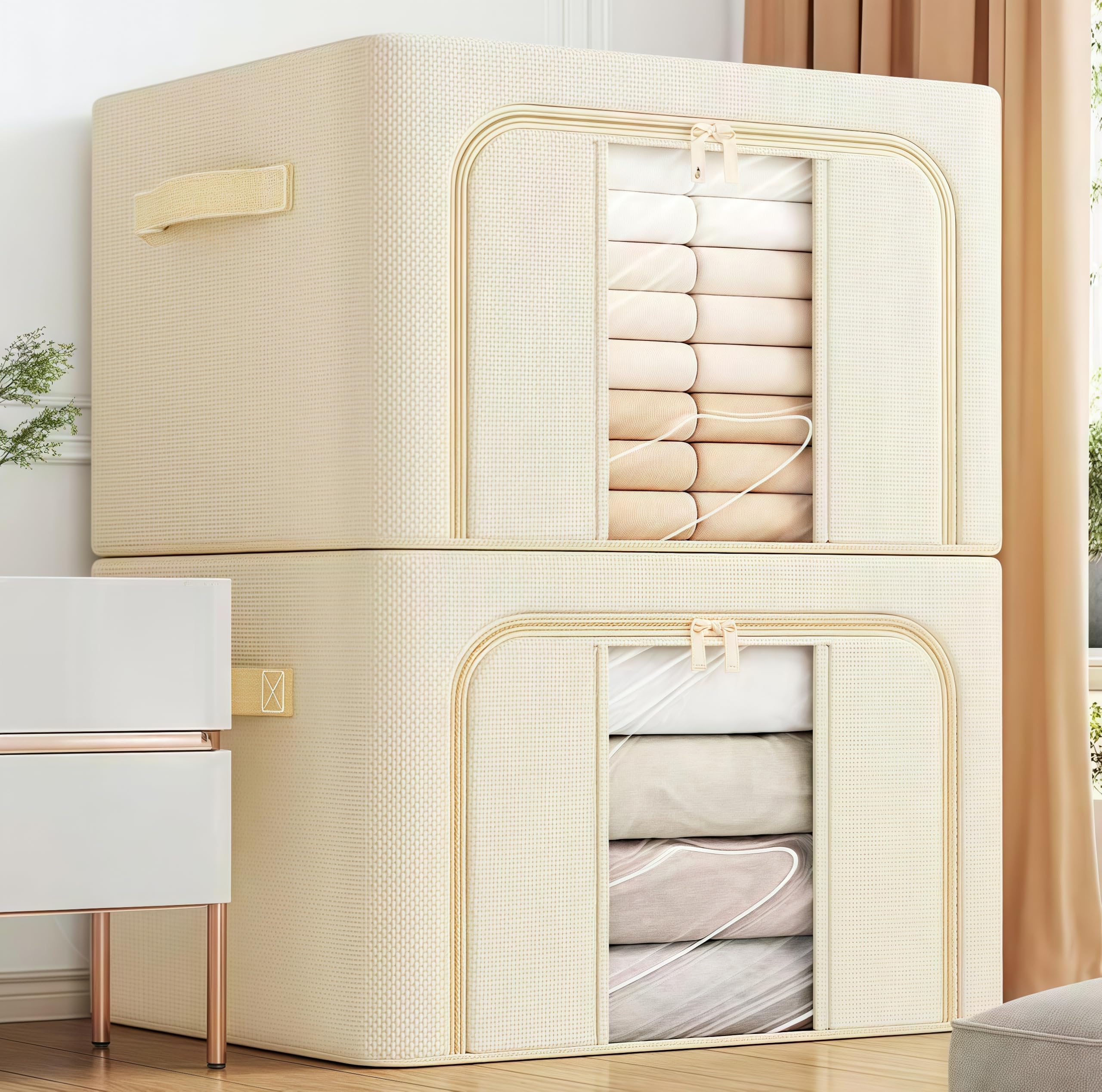 Uwenkjie Foldable 100L Large Storage Boxes(2-Pack Set),Steel Frame with Oxford Fabric,Water-Resistant,Dual Zippered Access with Clear Window,Capacity for Clothing,Bedding&Household Items(Beige) — image 1