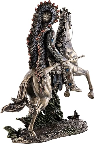 Miniatura 4 de Top Collection Chief Sitting Bull on Horseback Estatua Escultura de nativos americanos con hermoso tocado en bronce fundido en frío de primera