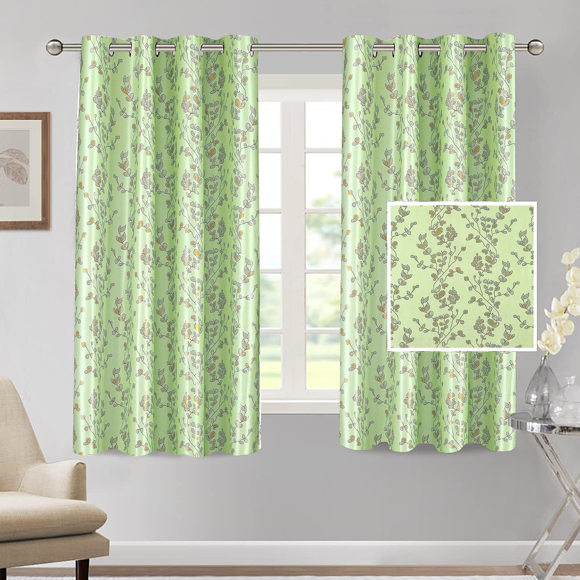Cortina Polyester Window Curtains 5 feet 150GSM - Foil Printed Light-Filtering (60-70% Room Darkening) Curtains for Bedroom, Office, Living Room & Hallway (Pack of 2, Green)-image-2