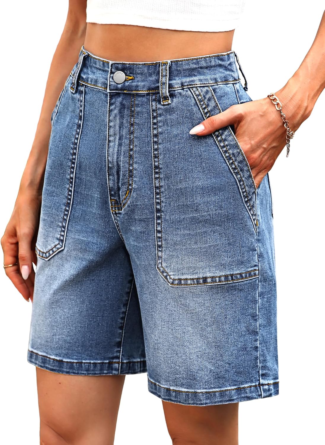 ELLEVEN Womens Denim Bermuda Shorts Elastic Waist, Stretchy Jean Trendy Summer Long Jorts with Big Pockets - Image 2