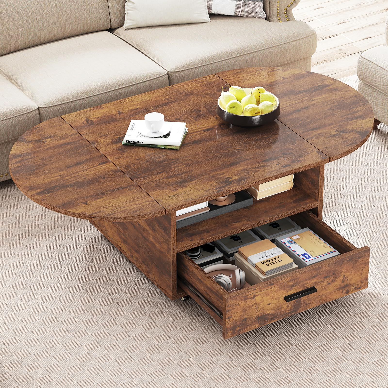 IBF Foldable Coffee Table with Drawer Storage, 47" Wood Oval Living Room Tables, Modern Extendable Center Table for Bedroom, Multifunctional Rolling Tea Table with 4 Wheels for Home, Rustic Brown