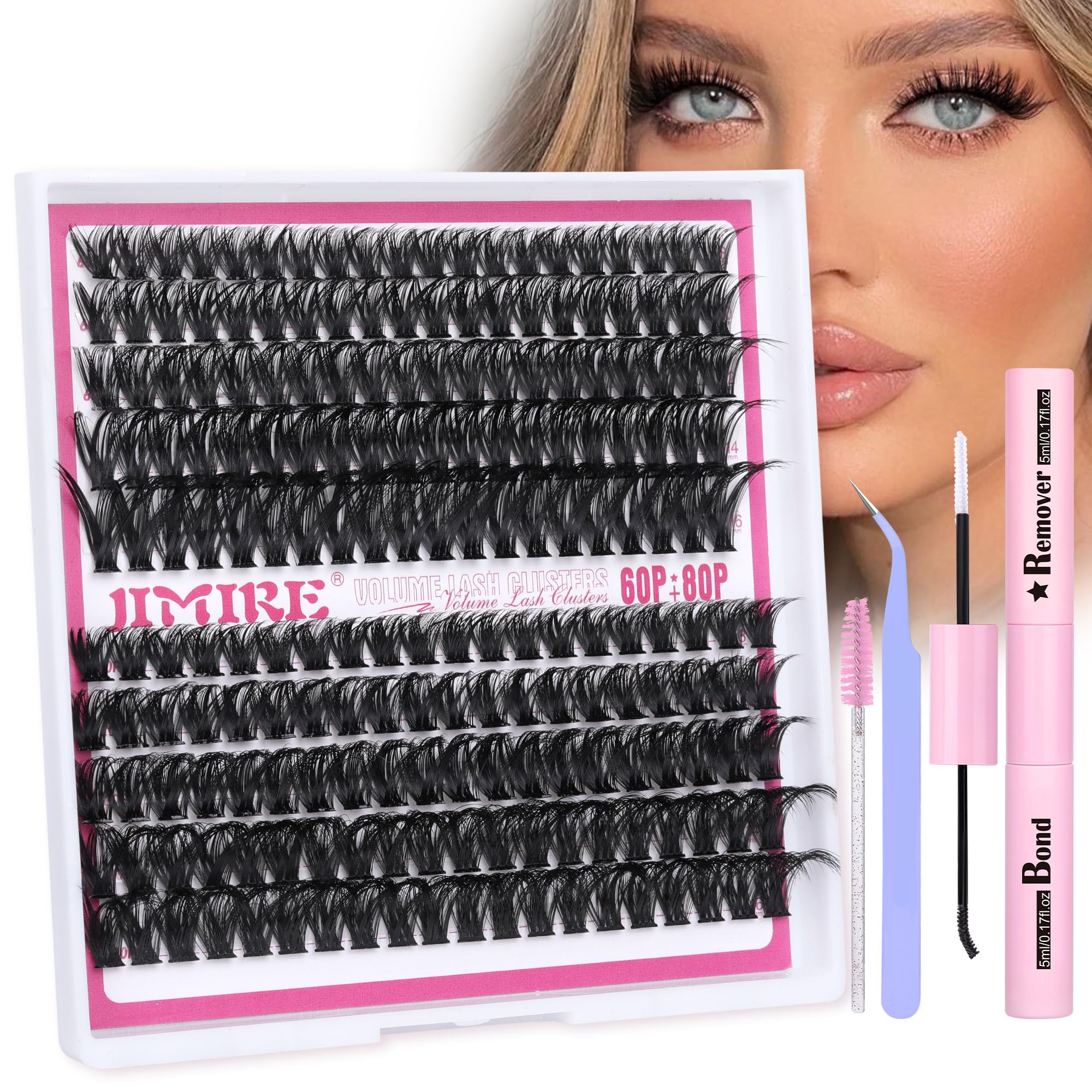 JIMIRE Lash Extension Kit 60+80D Thick Mink Eyeash Extension Kit D Curl DIY Lash Clusters Kit Wispy Individual Lashes Kit with Bond and Remover Volume Cluster Eyelash Extensions(10-18MM,200Pcs)