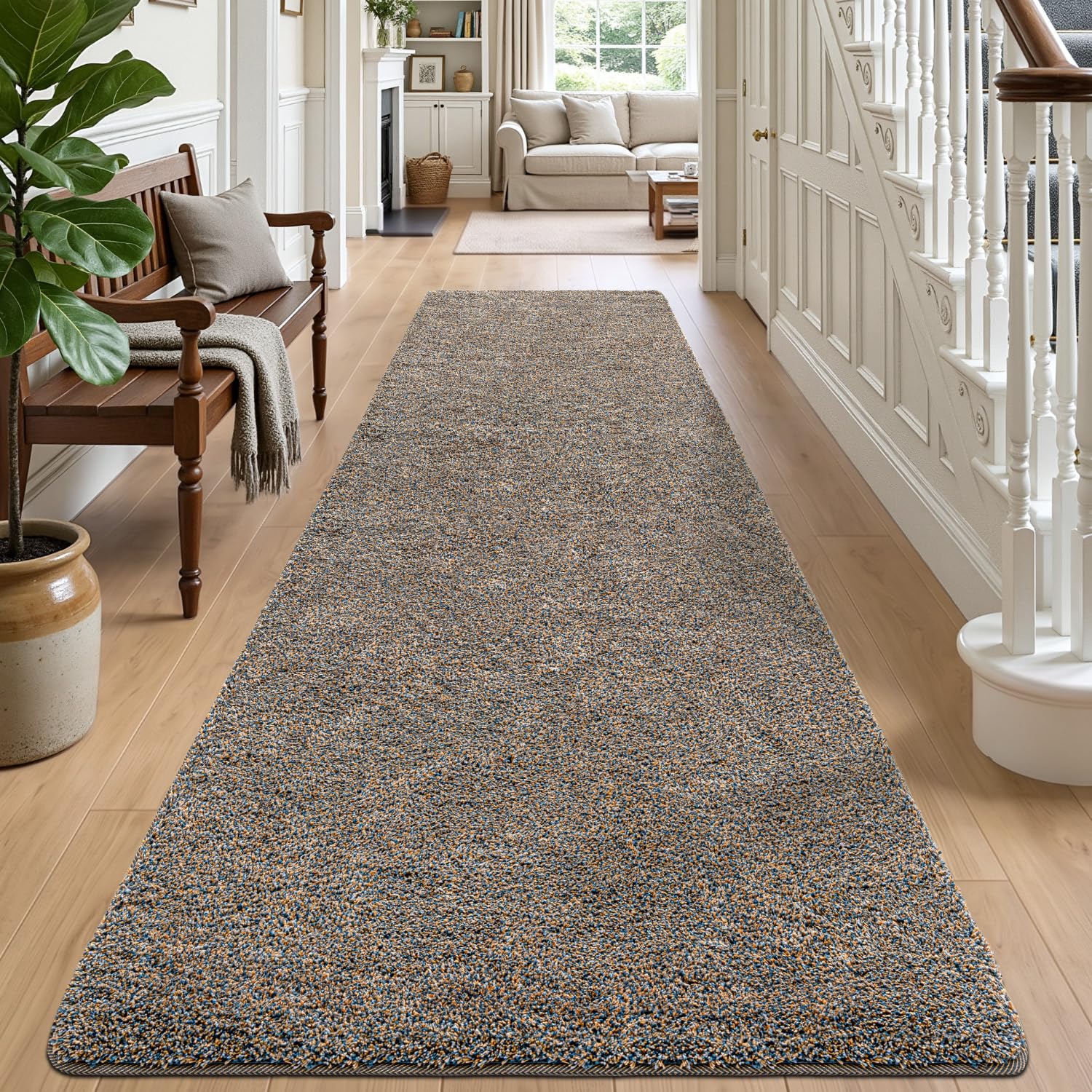 DEXI Runner Rugs for Hallway 80 x 300 cm, Non-slip Dirt Trapper Door Mat Indoor, Machine Washable, Super Absorbent Entrance Mats Soft Floor Carpet Rug, Brown-Blue