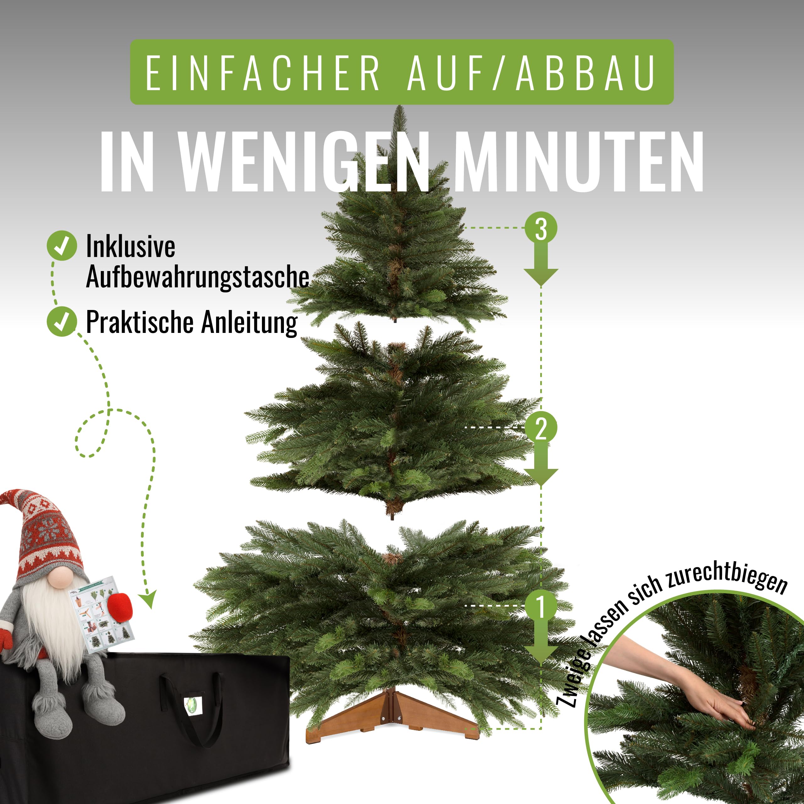 PFLANZWERK® Premium KÜNSTLICHER Weihnachtsbaum NORDMANNTANNE mit Christbaum Holzständer 180cm - TESTSIEGER - NACHHALTIG - GARANTIE - Tannenbaum mit naturgetreuen Nadeln und Zweigen ohne Beleuchtung