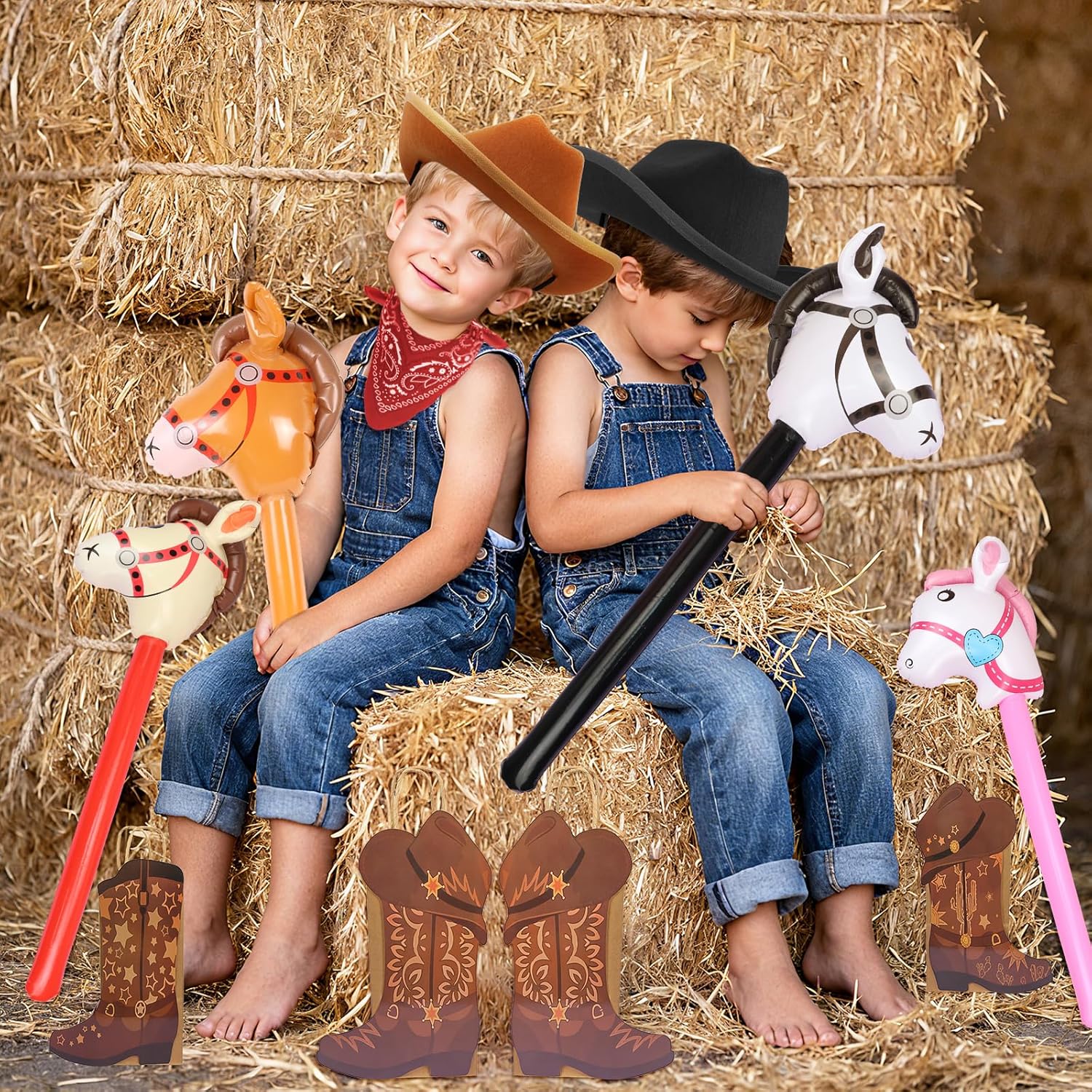 36 Pcs Cowboy Costume Set with Cowboy Hats, Bandanas, Horse Balloons, Boot Paper Carrying Bags