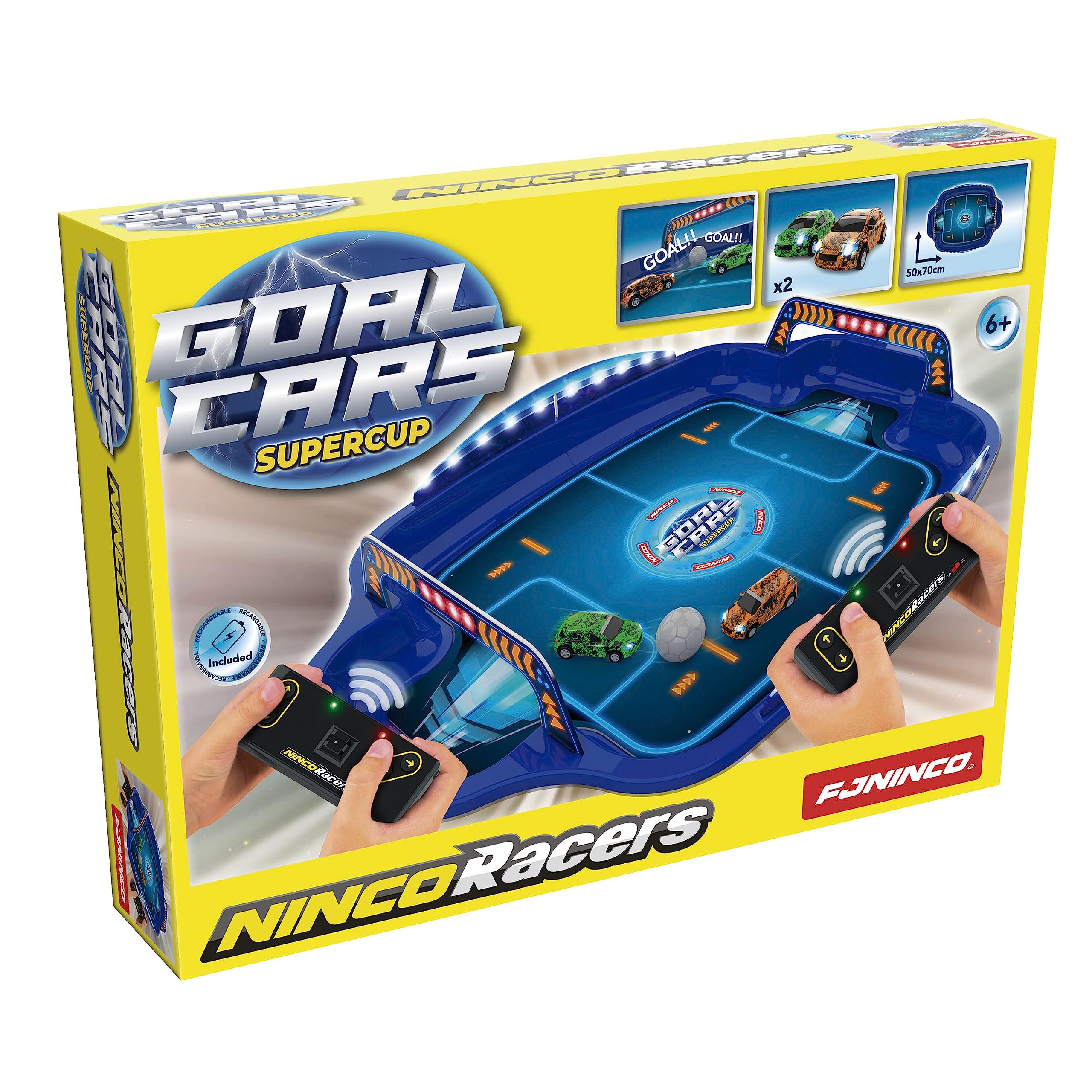 Ninco - Goalcars Supercup | Samochód zdalnie sterowany dla dzieci | Hybrydowy łączący jazdę radiowo i techniki piłki nożnej, 2 pojazdy w skali 1/64 wyposażone w światła (NH93181)