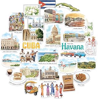 Navy Peony Rhythmic Cuba Travel Stickers (28pcs)-Watercolor, Caribbean, Havana, Cuban-Themed Vacation Stickers for Scrapbooks, Journals, Laptop