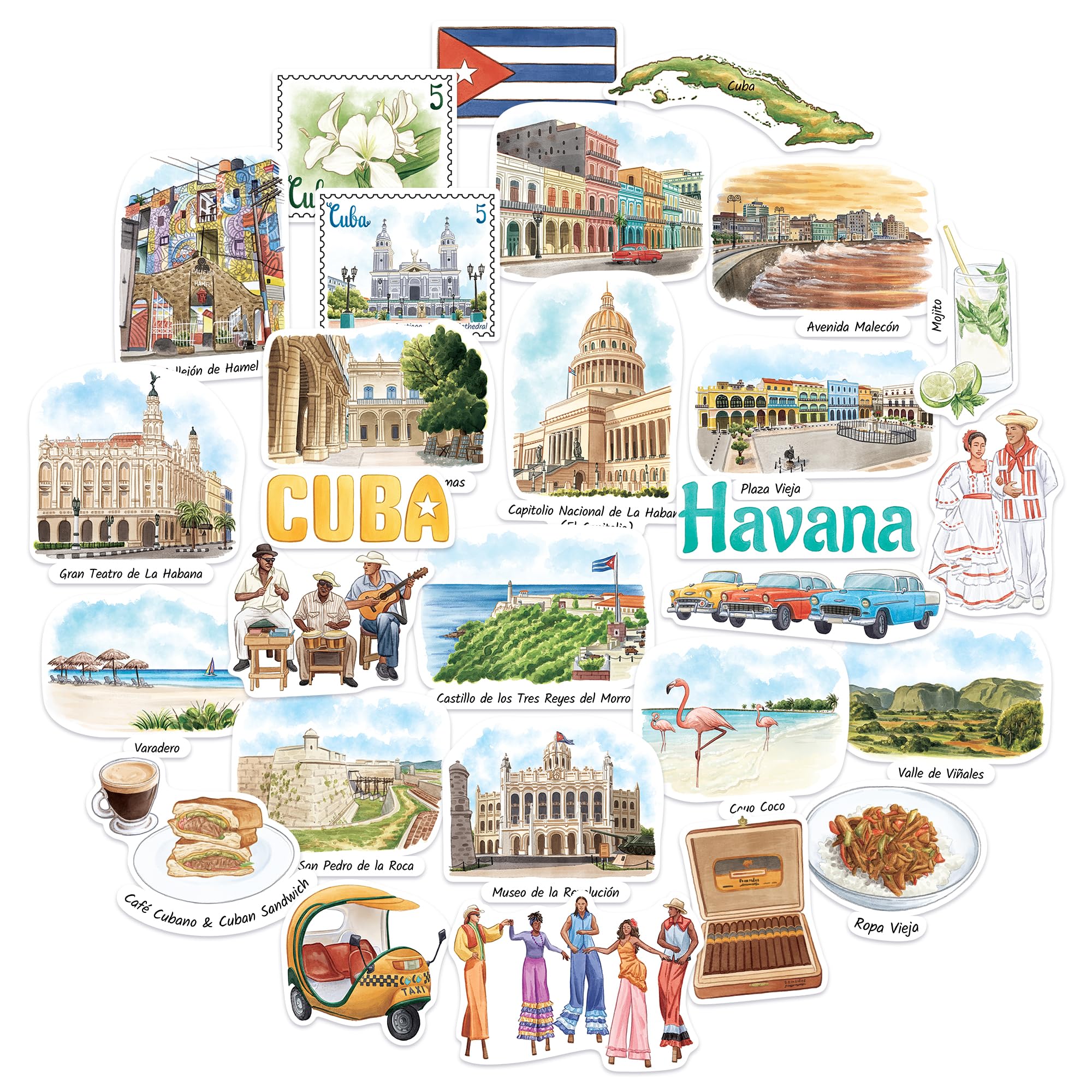 Navy Peony Rhythmic Cuba Travel Stickers (28pcs)-Watercolor, Caribbean, Havana, Cuban-Themed Vacation Stickers for Scrapbooks, Journals, Laptop