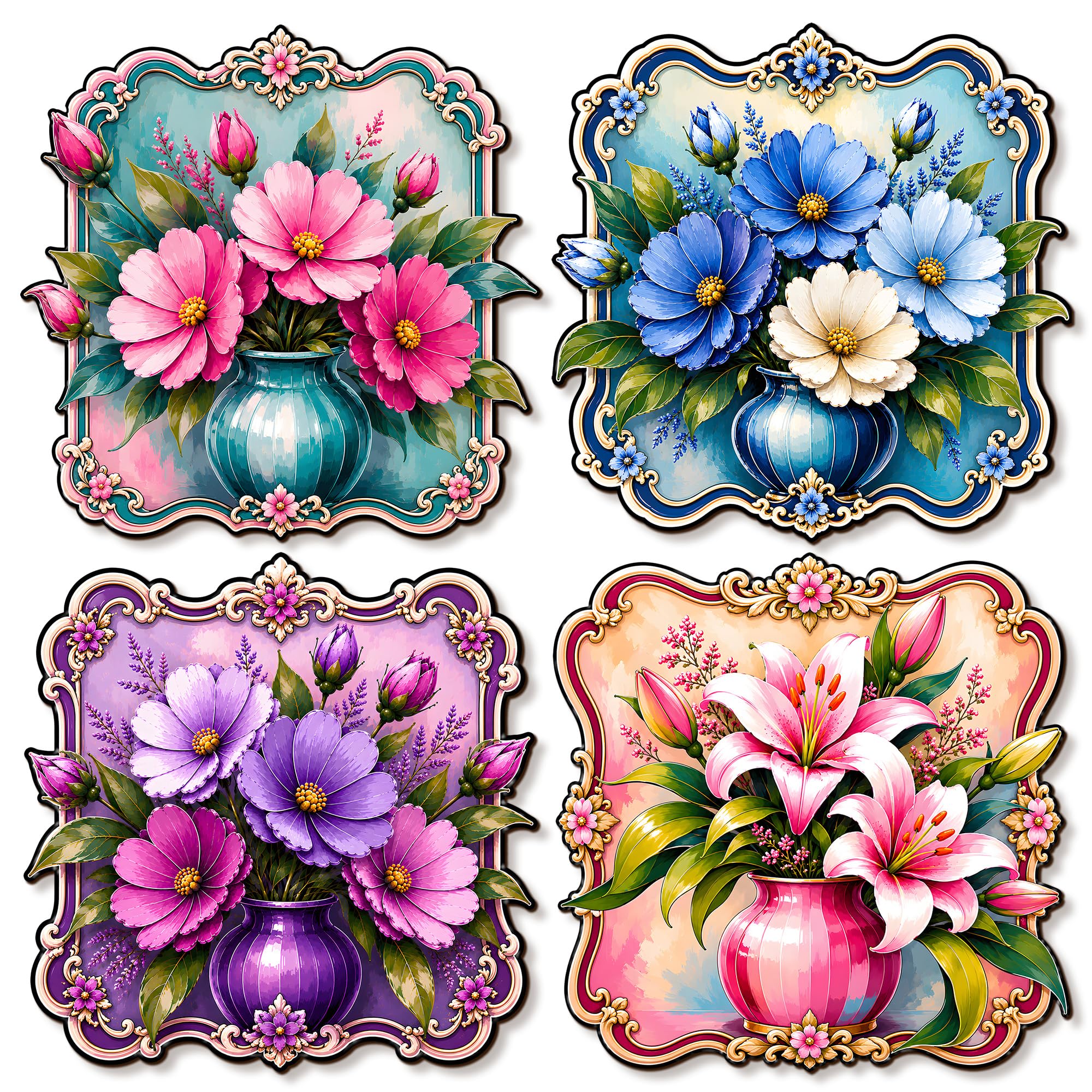 Regalo Casila Floral MDF Wall Decor Photo Frame 4 Pcs Set Flower Vase Wall Art Decorative Botanical Bloom Home Decoration Living Room Bedroom Office Gift Colorful Floral Artwork-picture-10
