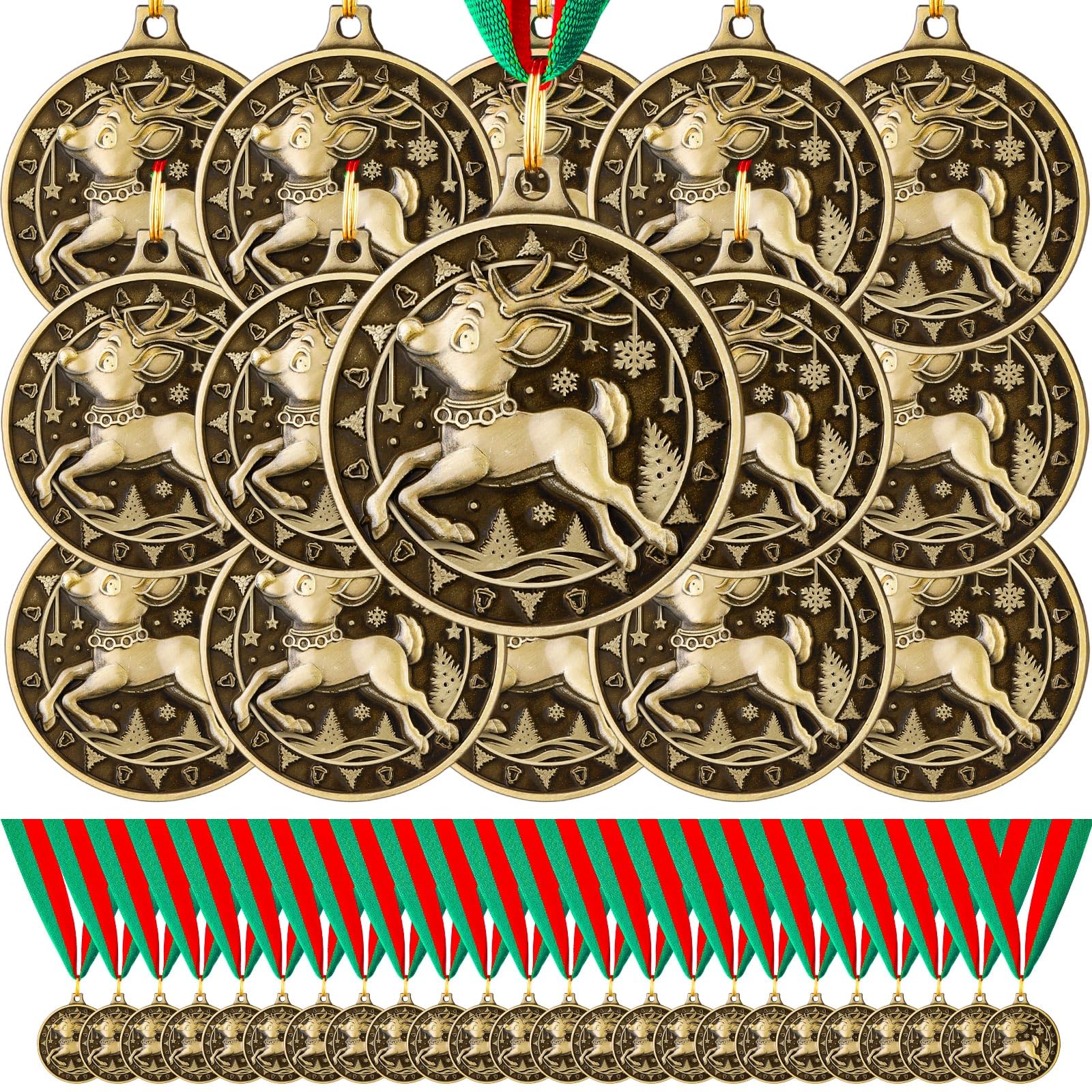 Huquary Weihnachts-Rentier-Medaillen, 5,1 cm, goldfarben, mit Halsband, für Weihnachten, Party, Ornament, Geschenkpreis, 48 Stück