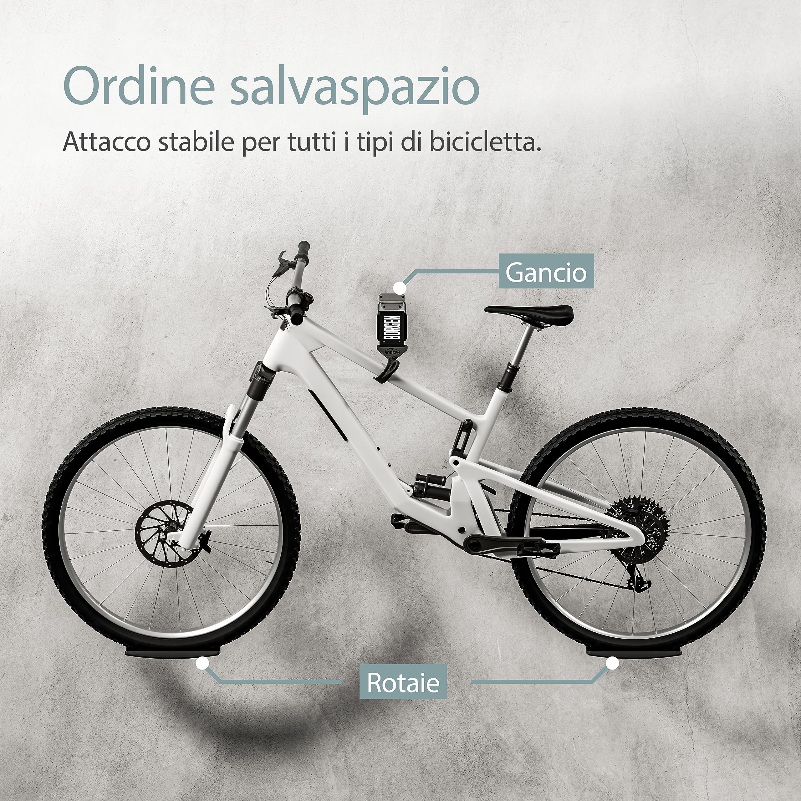 Borgen portabici da muro - portabici regolabile da muro - compatibile con e-bike, bici da corsa, MTB, bici da strada - gancio gommato antigraffio