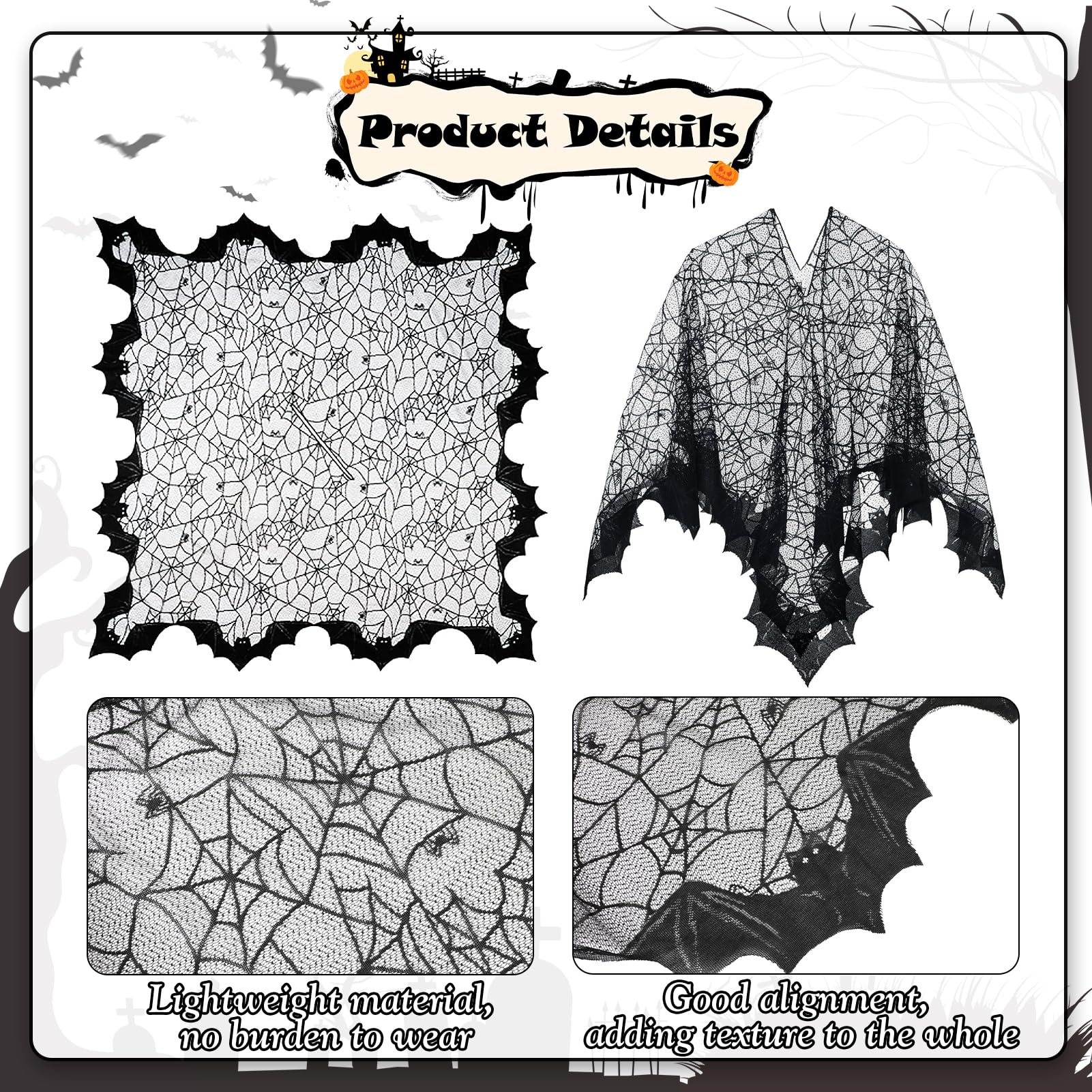 Beipegin 6 Pcs Spider Costume Adult Spider Web Poncho Tights Spider Necklace Chocker Earings Mask and Witch Hat Halloween Costumes for Women Black - Image 4
