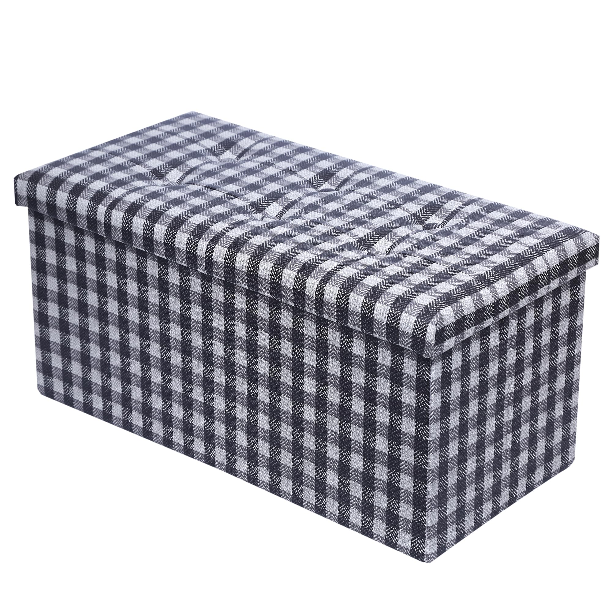 Photo 1 of 30 Inches Folding Storage Ottoman Bench, Rectangle Ottoman Foot Rest with Memory Foam Padded Seat, Faux Leather Ottoman with Storage for Living Room, Bedroom, Entryway, Load 352lbs (Gray plaid)