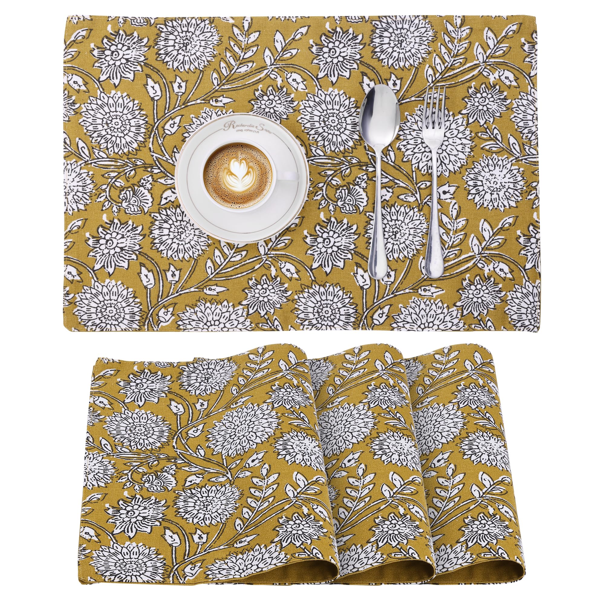JEMIDI Salvamanteles Individuales - 4X Mantel Individual 33 x 48 cm de 100% Algodón Oeko-Tex - Manteles Individuales Lavables de Tela - Tapetes para Mesa de Flores - Amarillo