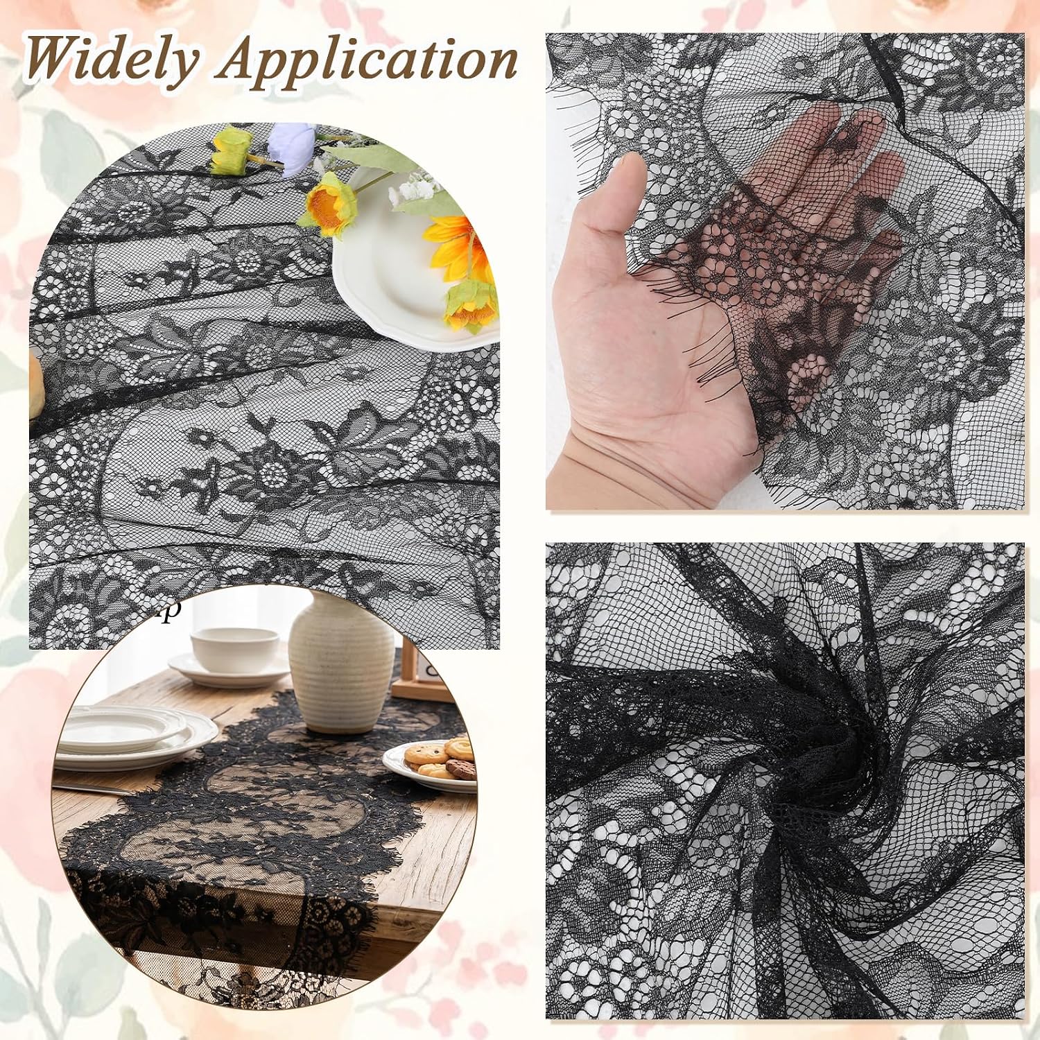 Lace Table Runner Black, Vintage Lace Tablecloth Romantic Floral-Lace Fabric Black Runners Elegant Vintage Table Runner for Wedding Bridal Baby Shower Decor 14x120 Inch image 4