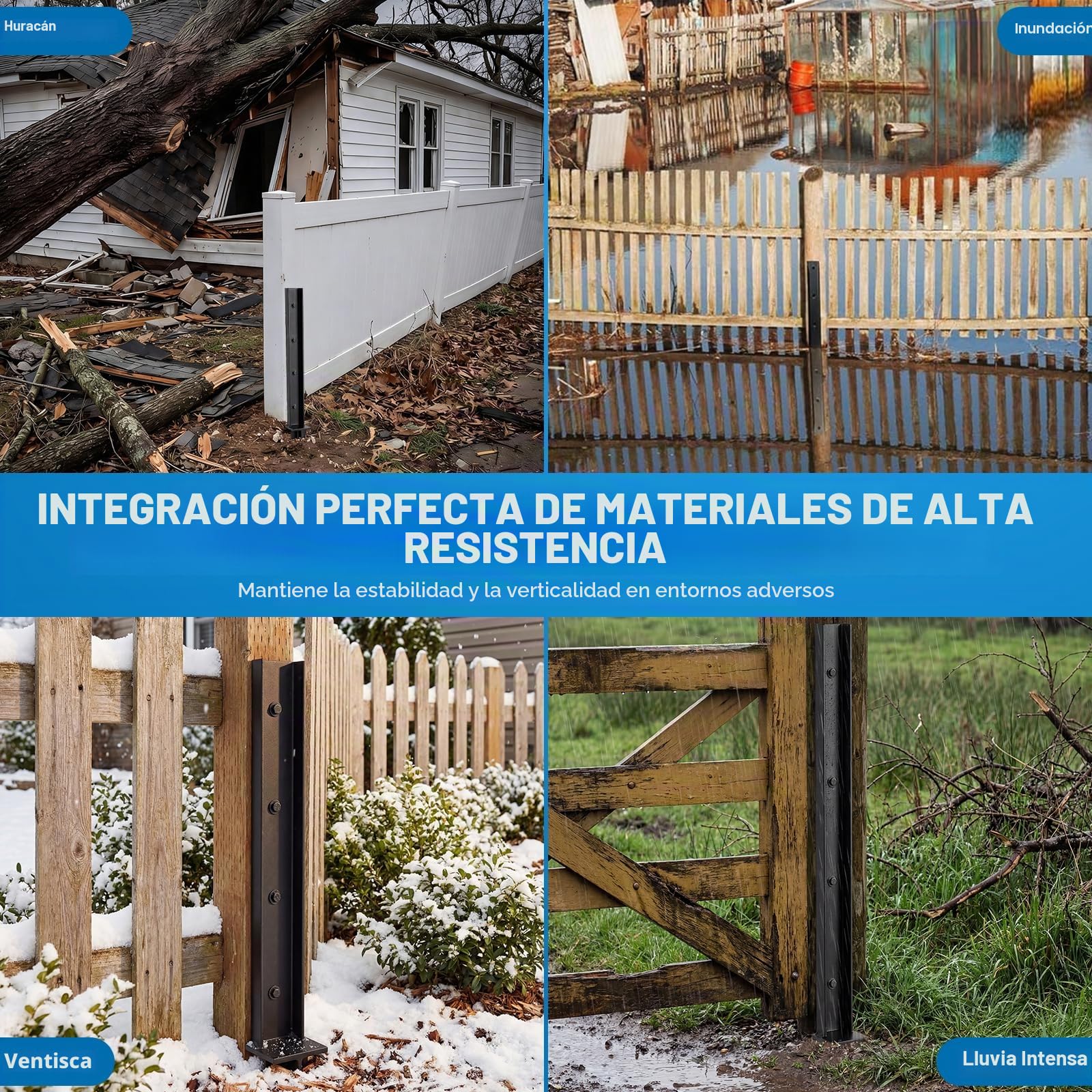 Kit Reparación Postes Valla 4 Piezas | Anclajes Acero Heavy Duty 81cm para Postes Madera | Repara Postes Torcidos, Sueltos y Podridos Sin Sustitución | Incluye Tornillos y Broca