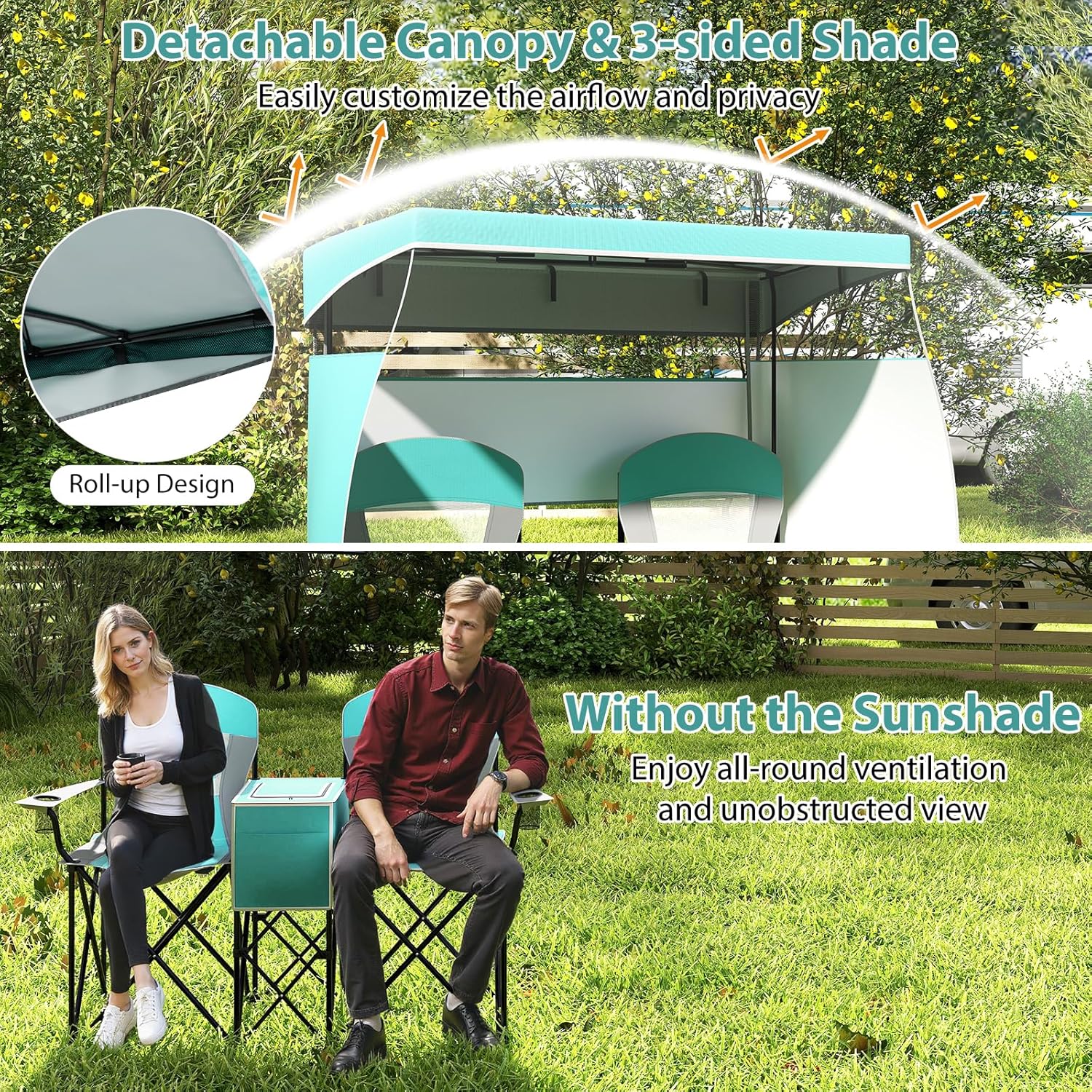 Goplus Double Beach Chair w/Adjustable Canopy, Oversized Folding Camping Chair w/Roll-up Shade, Cooler Bag, Cup Holders, Carrying Bag, 2-Person Portable Loveseat for Sports Fishing (Turquoise)