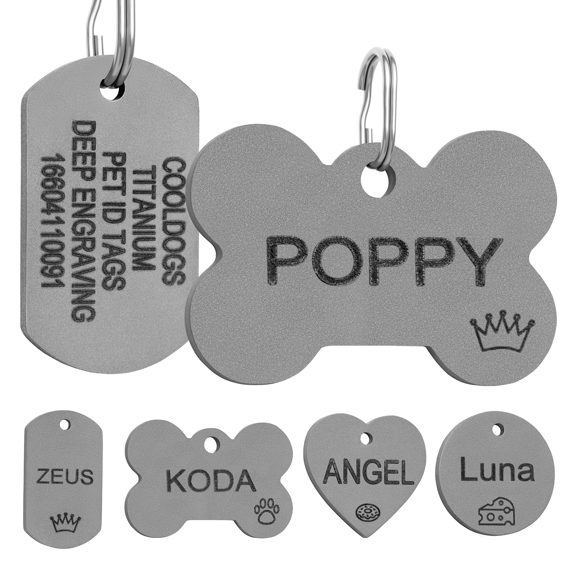COOLDOGS Titanium Dog Tags Personalized for Pets,Dog Name Tag,Cat Name Tag with Custom Deep Laser Engraved ID on Both Sides,in Bone,Round,Heart,