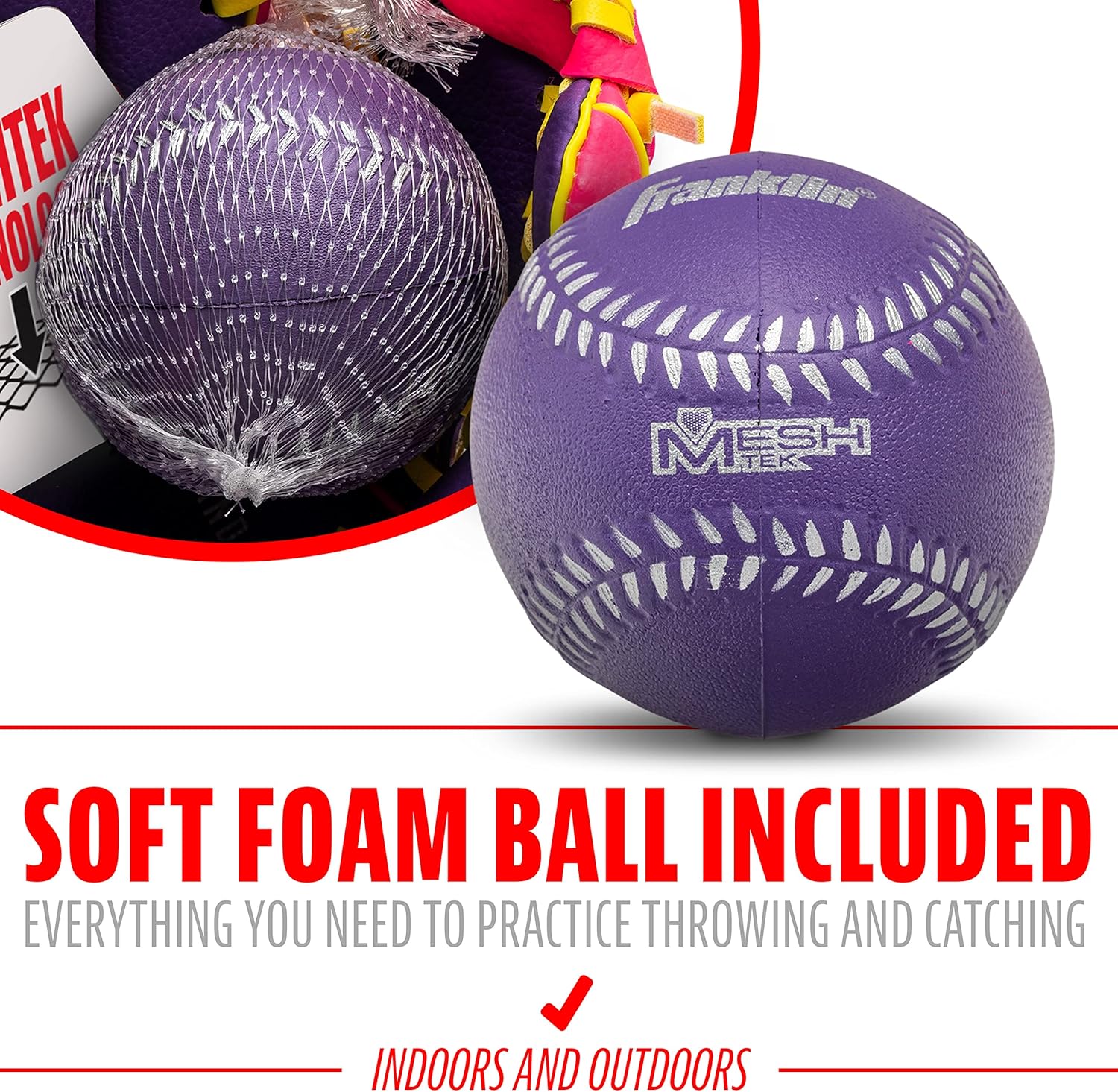 Franklin Sports Kids Baseball Glove + Foam Ball Sets - Meshtek Youth Teeball Gloves for Kids + Toddlers - Left + Right Hand Throw - 9.5" Inch