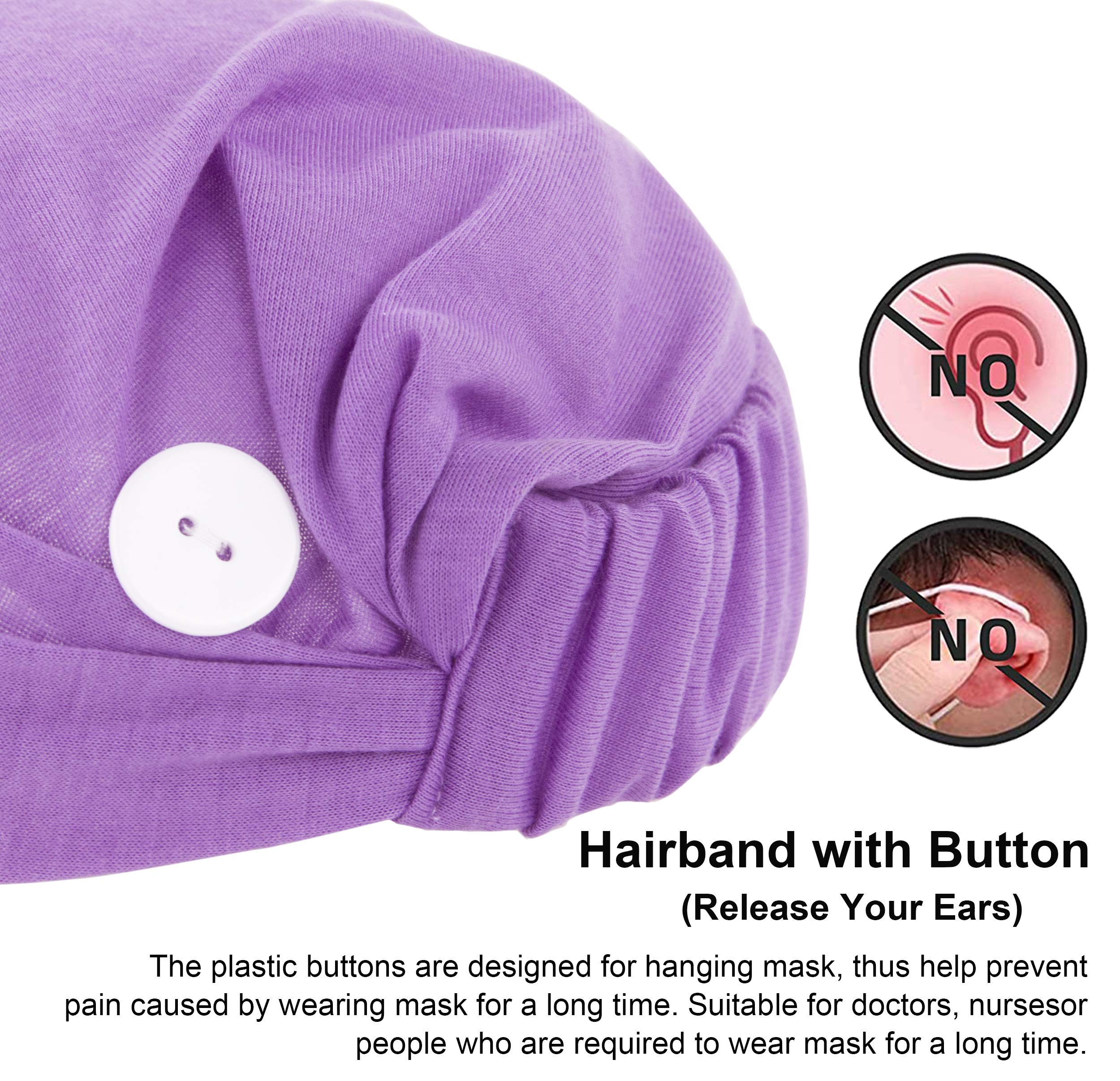Women Working Cap with Button Bouffant Hats Elastic Headbands Head Cover for Face Masks and Covers Purple
