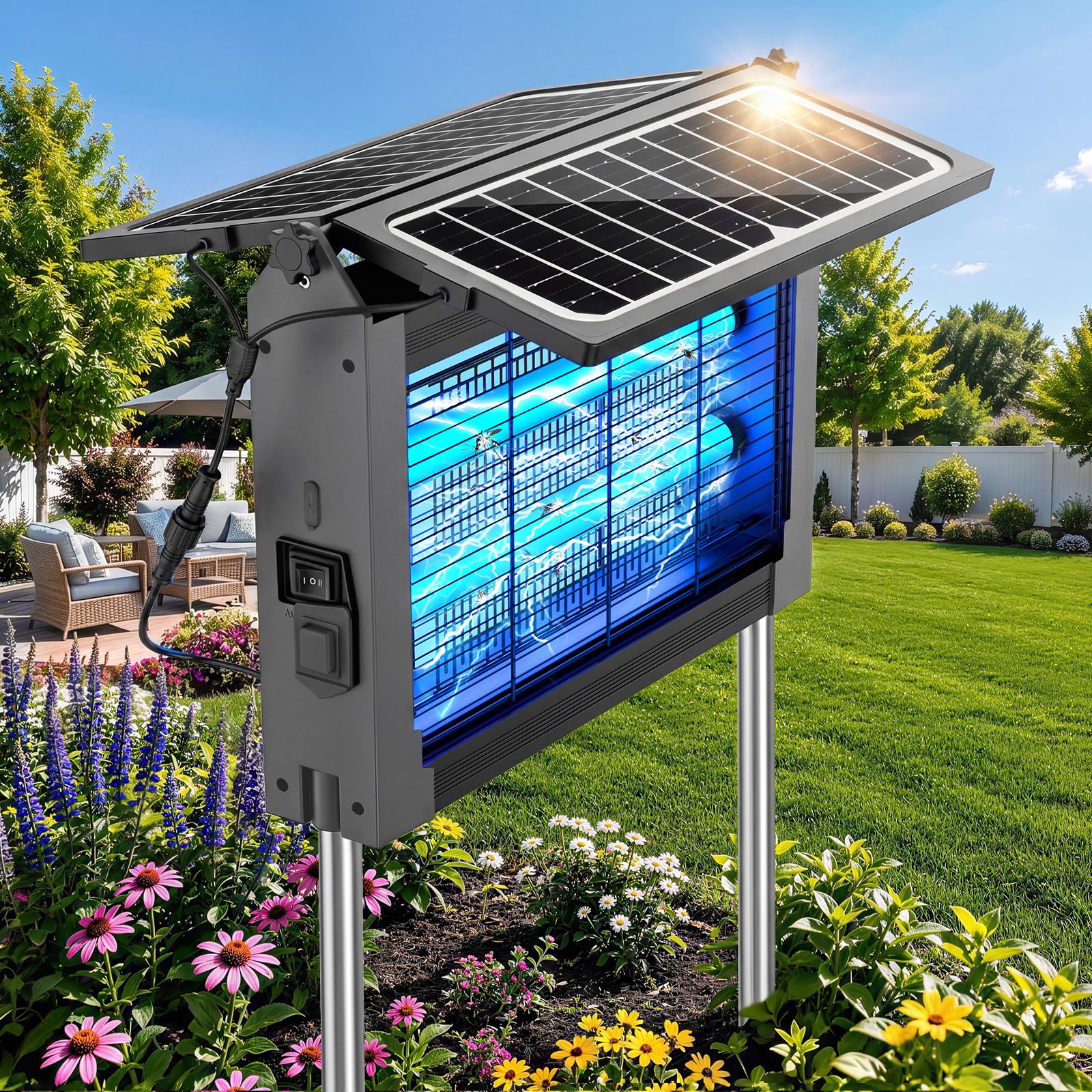 Verbesserter Solar-Bug-Zapper für den Außenbereich mit zwei Paneelen, 4500 V, kabellos, wiederaufladbar, Fliegen-Insektenvernichter, wasserdicht, elektrischer Mückenvernichter für Terrasse, Garten