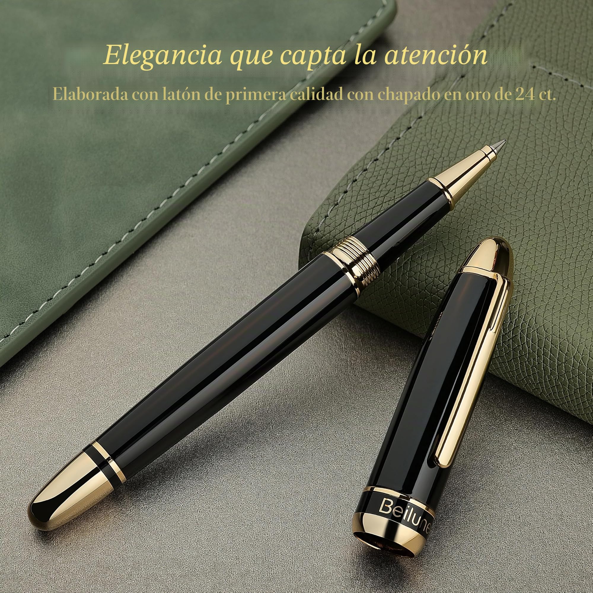 BEILUNER 315 Bolígrafo Roller de Lujo, Acabado en Oro 24K Premiun y Laca Piano Pulida, Set de Regalo Ejecutivo para Profesionales y Graduados, Estilográfica de Oficina Refinada - Negro y Oro