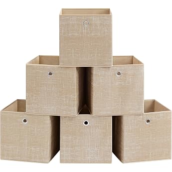 SONGMICS RFB006K03 Storage Boxes Set of 6 Non-Woven Fabric Organiser Boxes with Handle 30 x 30 x 30 cm for Cube Shelf Folding Box Clothes Storage Sand Beige