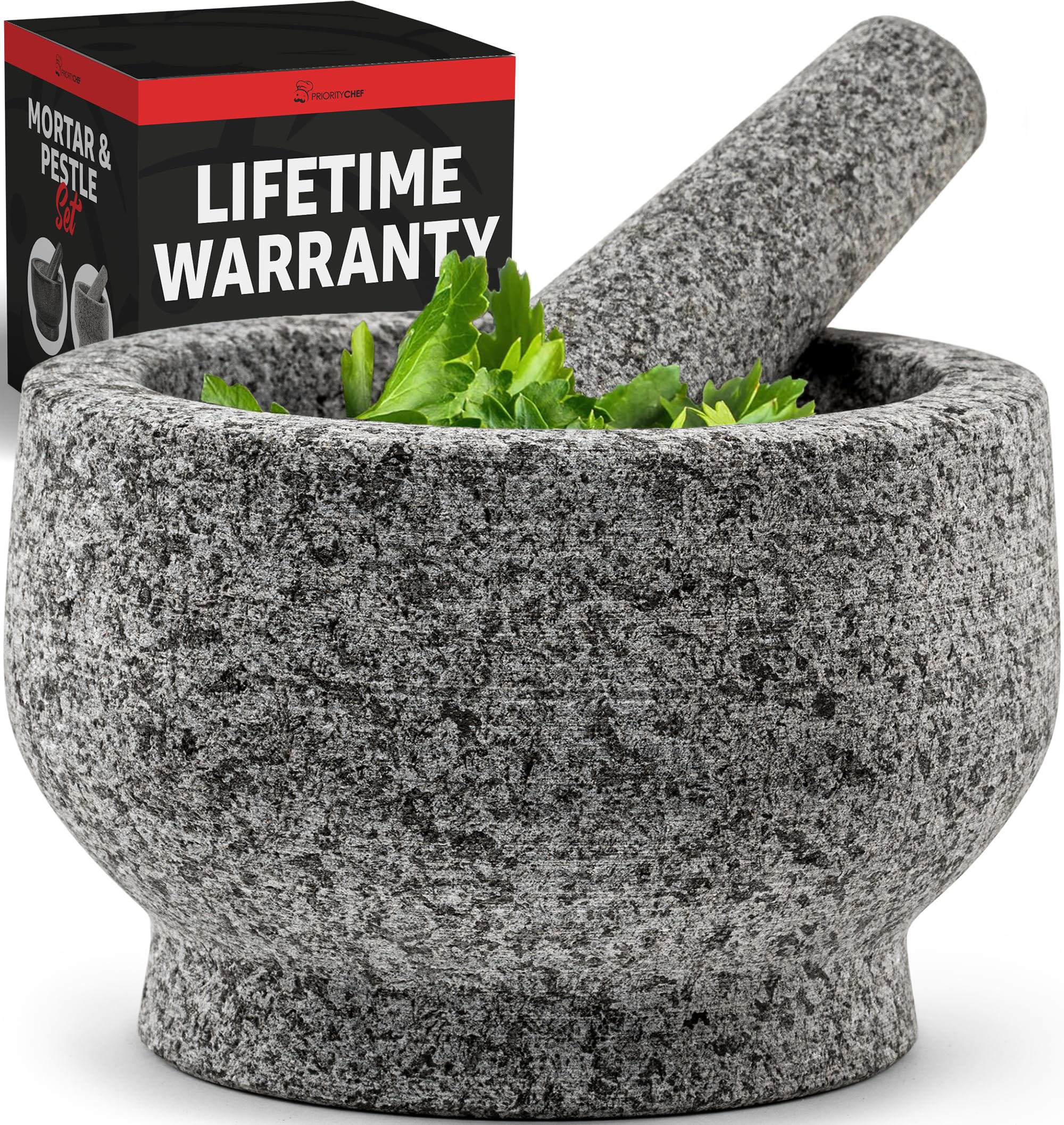 PriorityChef Extra Large Mortar and Pestle Set, Heavy Duty Natural Granite, Make Fresh Guacamole at Home, Solid Stone Grinder Bowl, Herb Crusher, Spice Grinder, 4 Cup Size, Unpolished Grey