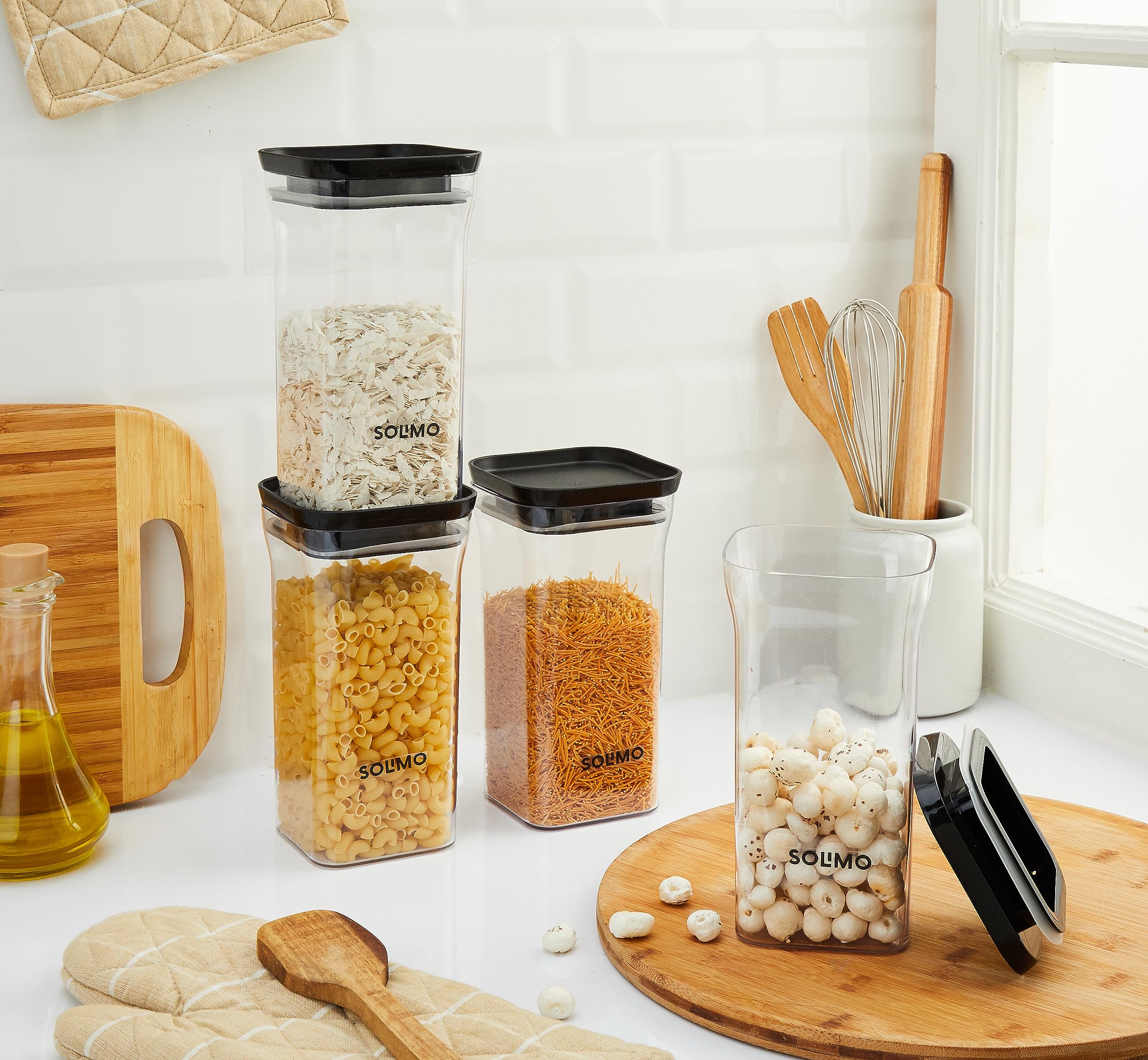 Amazon Brand - Solimo Plastic Storage Jar and Container Set I Air Tight & BPA Free Containers for Kitchen Storage Set I Grocery Kitchen Container Set I Multipurpose Jar, 1100 Ml Each, Set 4, Black 2