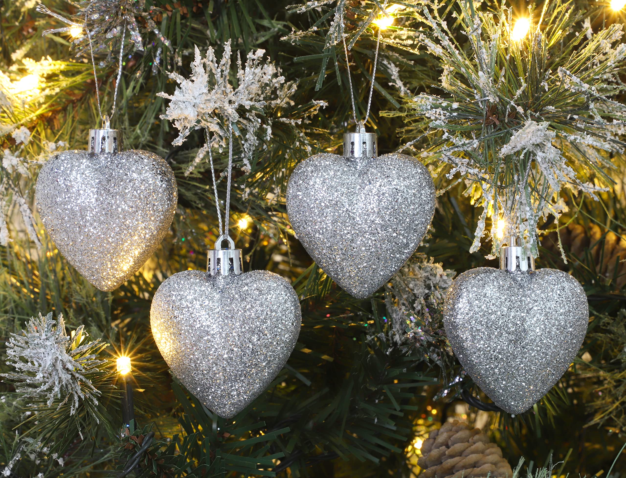 Christmas Concepts® 8 x 60mm Silver Glitter Heart Shaped Christmas Tree Ornaments