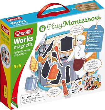 Quercetti - Montessori Works Magnetic - Matching Puzzle Activity with 2 Workplace Scenes, Match the Tools and Learn about the Jobs, for Kids Ages 3 Years +