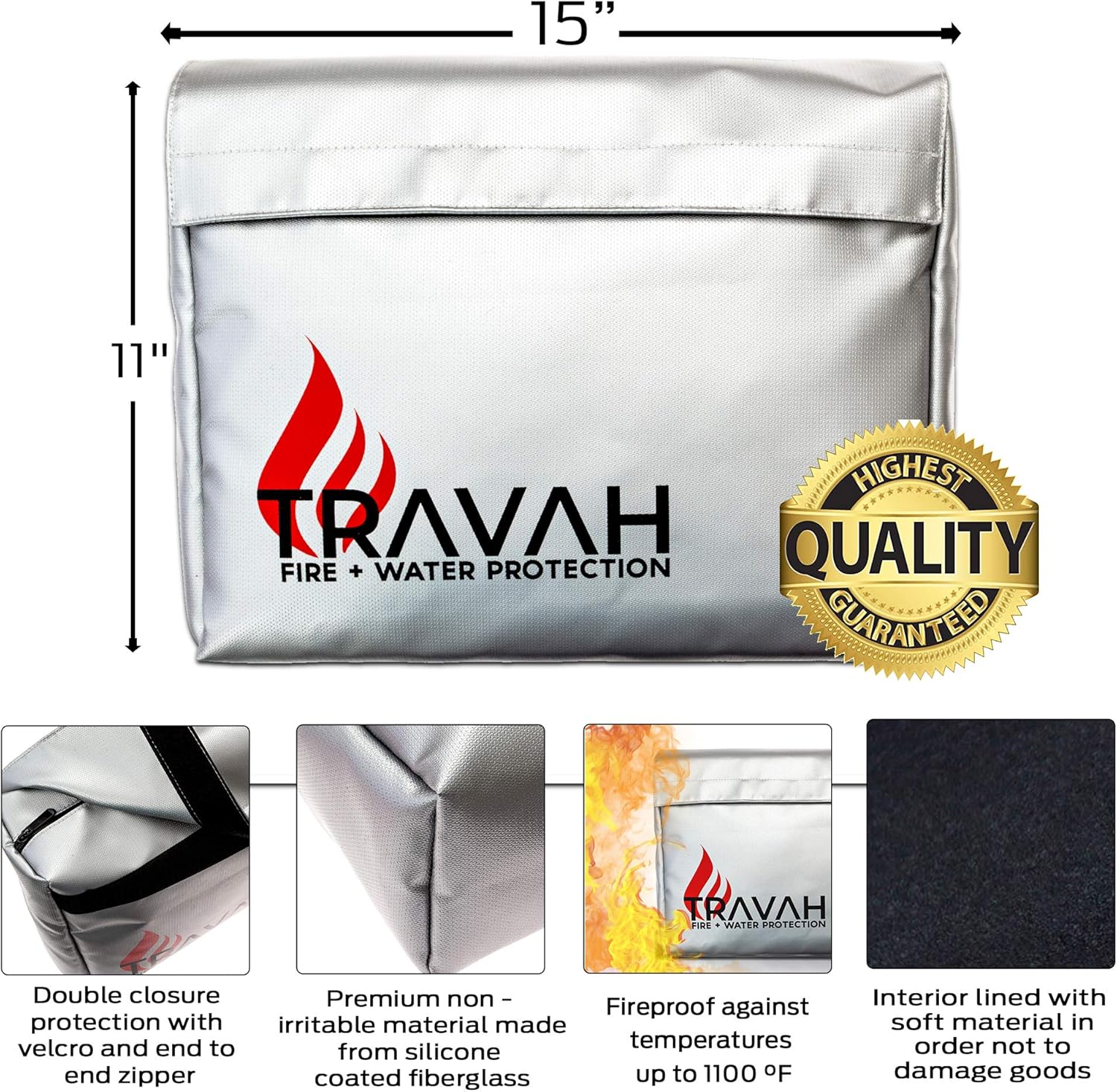 Travah Fireproof Document Safe Bag, All-Purpose Large Water-Resistant Storage for Important Files and Certificates for Home and Office Use with Small Safe Storage Pouch for Passports and Money - - 