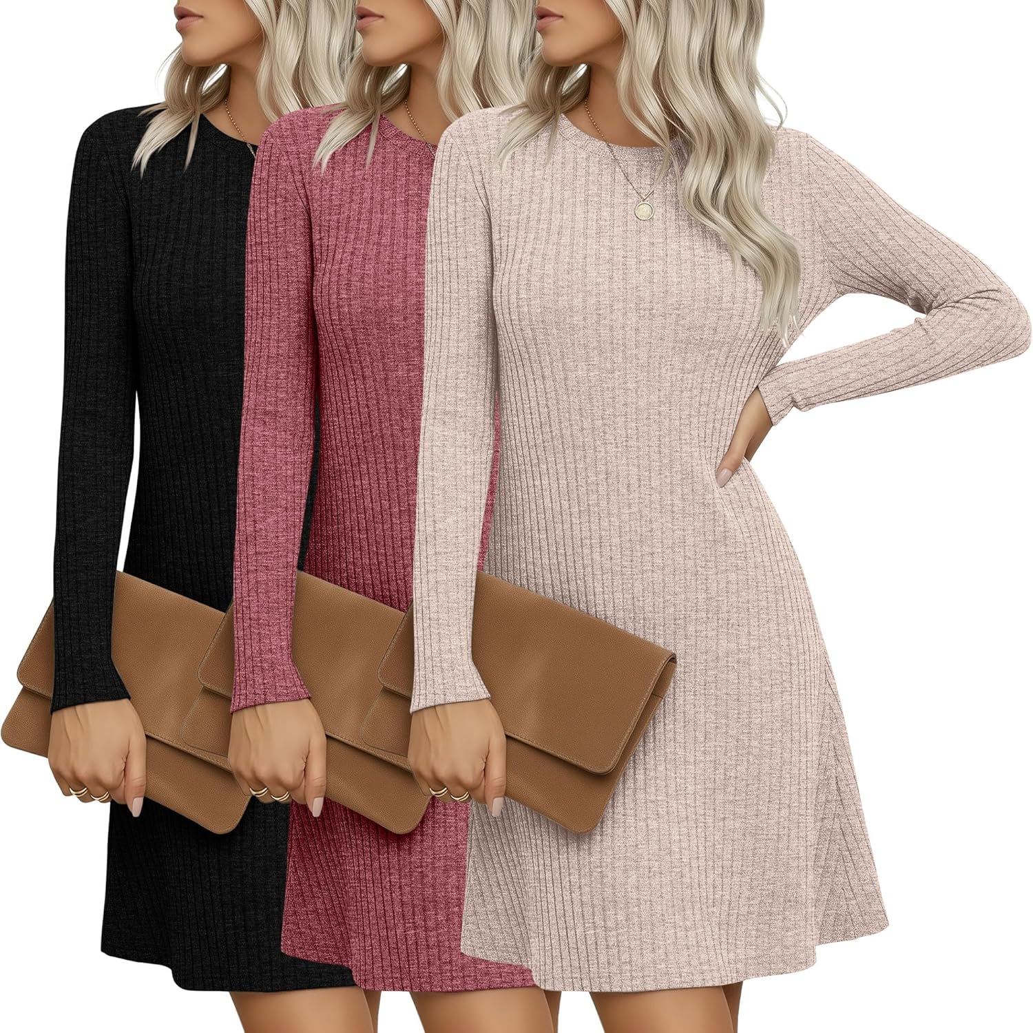 Riyiper 3 Pack Women's Long Sleeve Sweater Tunic Dresses - Loose Fitting Knit Crew Neck for Casual Fall Winter